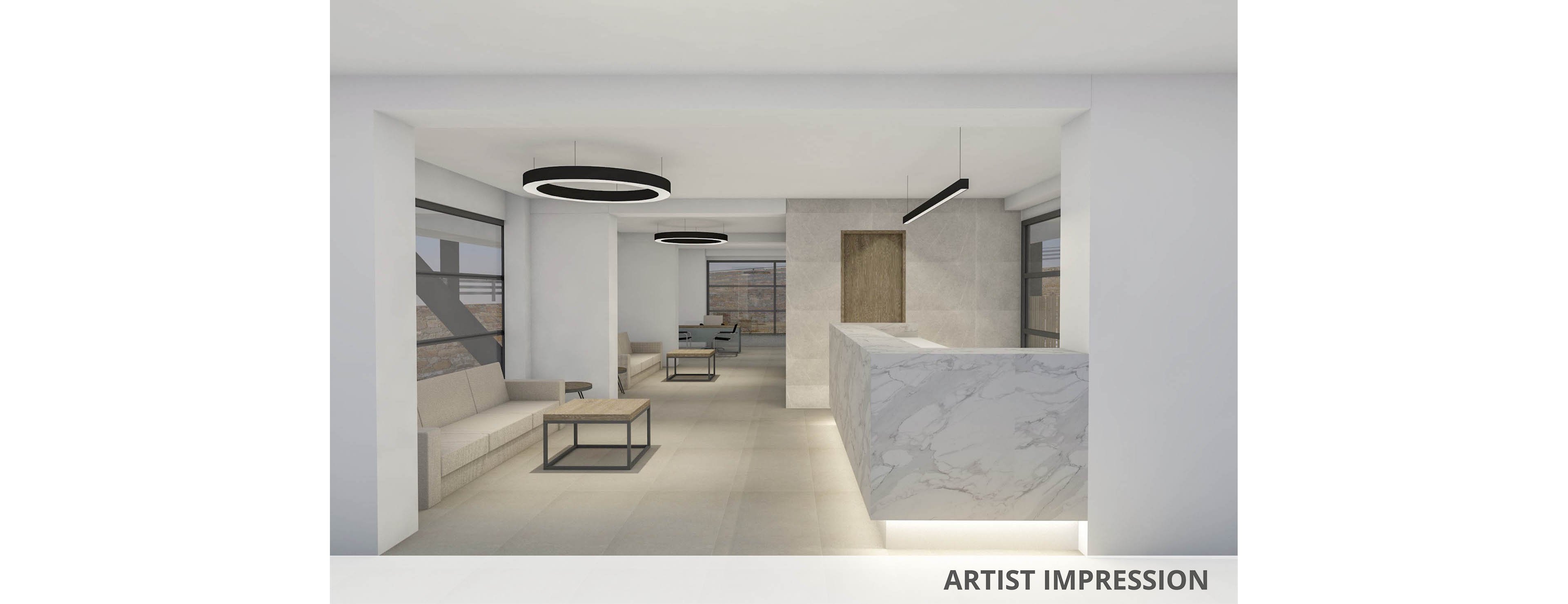 Rendered interior view of a contemporary reception area with a large marble-front desk in the foreground. Minimalist sofas and coffee tables line the space, complemented by circular and linear pendant ceiling lights. Large windows bring in natural light and reveal an urban exterior structure. The words ARTIST IMPRESSION appear in the bottom right corner, indicating a conceptual visualization.