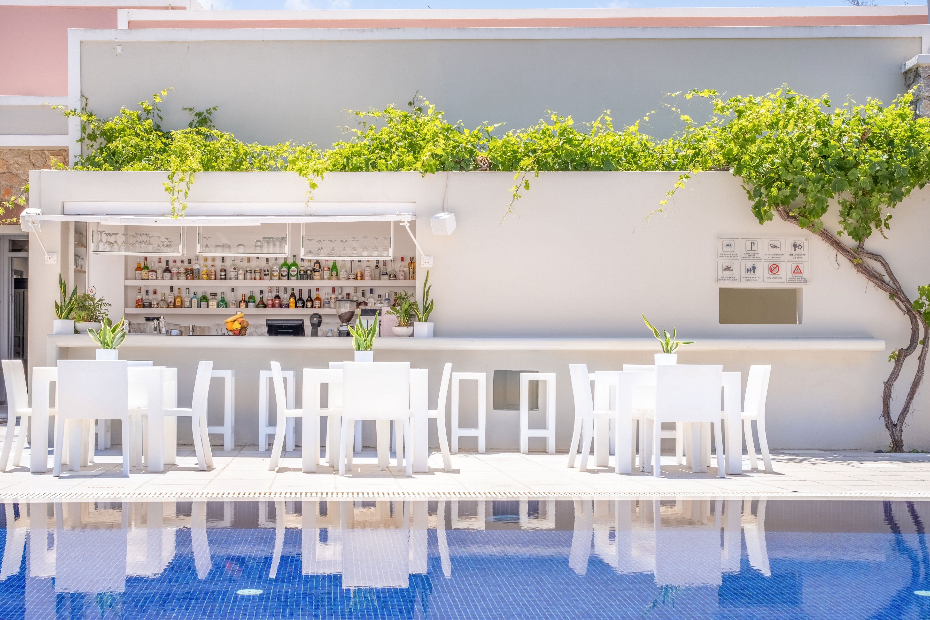 A contemporary outdoor bar with white tables and chairs sits beside a clear blue swimming pool. The bar shelves are stocked with various bottles and glassware, creating a stylish resort atmosphere. Lush green vines climb along the top of the white wall, adding a natural accent to the clean architectural lines. Bright daylight and pastel building colors enhance the relaxed, summery mood of the scene.
