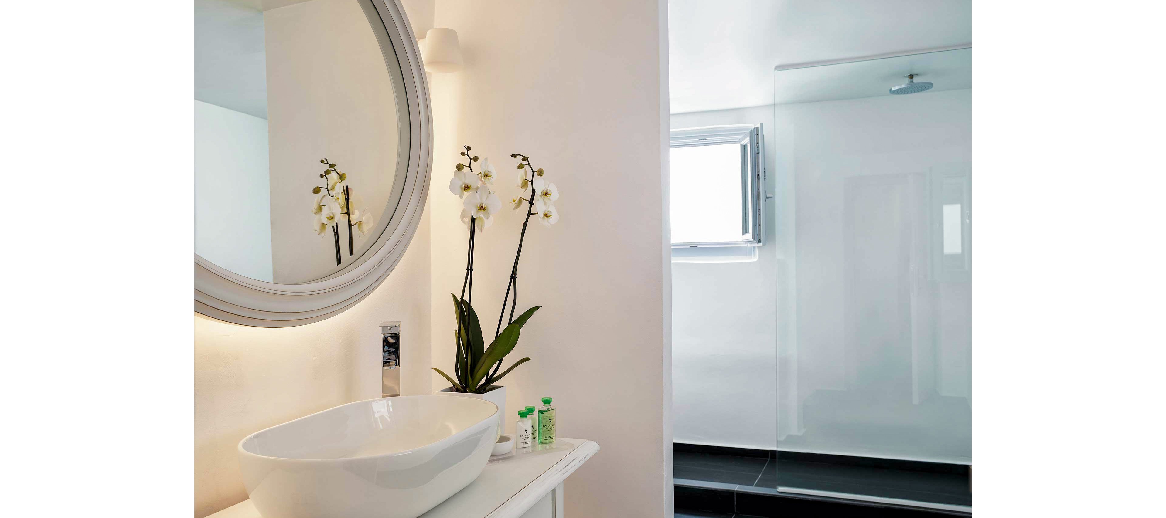A contemporary bathroom featuring a sleek white sink and a round mirror. Elegant white orchids add a touch of nature to the minimalist design. The setting includes a glass shower enclosure and bright lighting, creating a clean and refreshing atmosphere. Visible toiletries include small bottles placed near the sink.