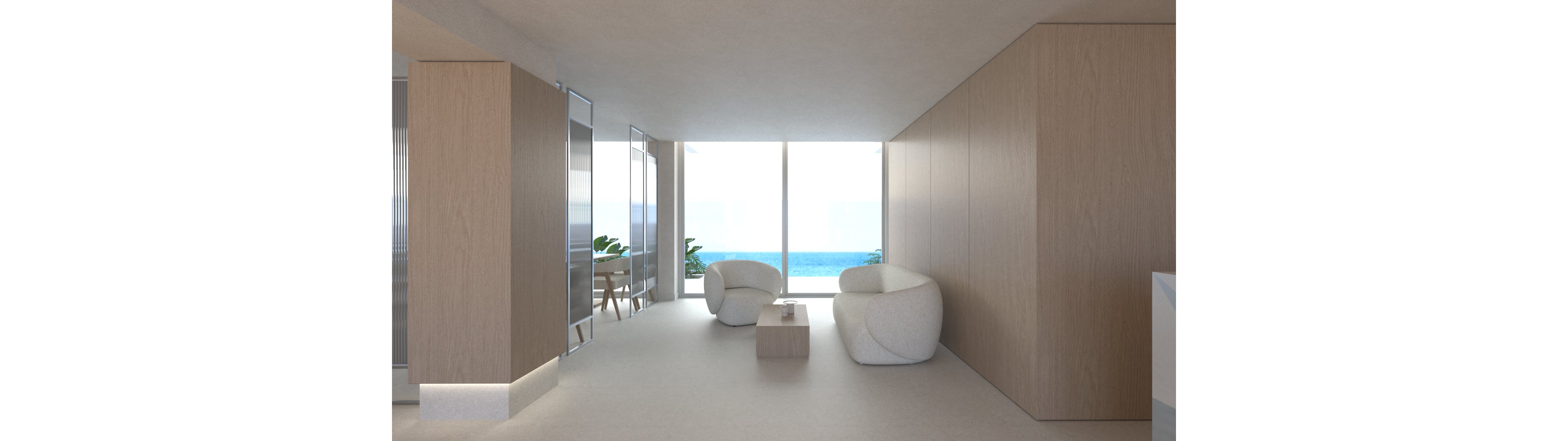 A contemporary living room features soft, rounded white armchairs and a small central coffee table. Light wood wall panels and neutral flooring create a clean, minimalist aesthetic. Large floor-to-ceiling windows open to a bright ocean view, filling the space with natural light. In the background, a dining area with modern chairs and plants adds depth and warmth to the interior.