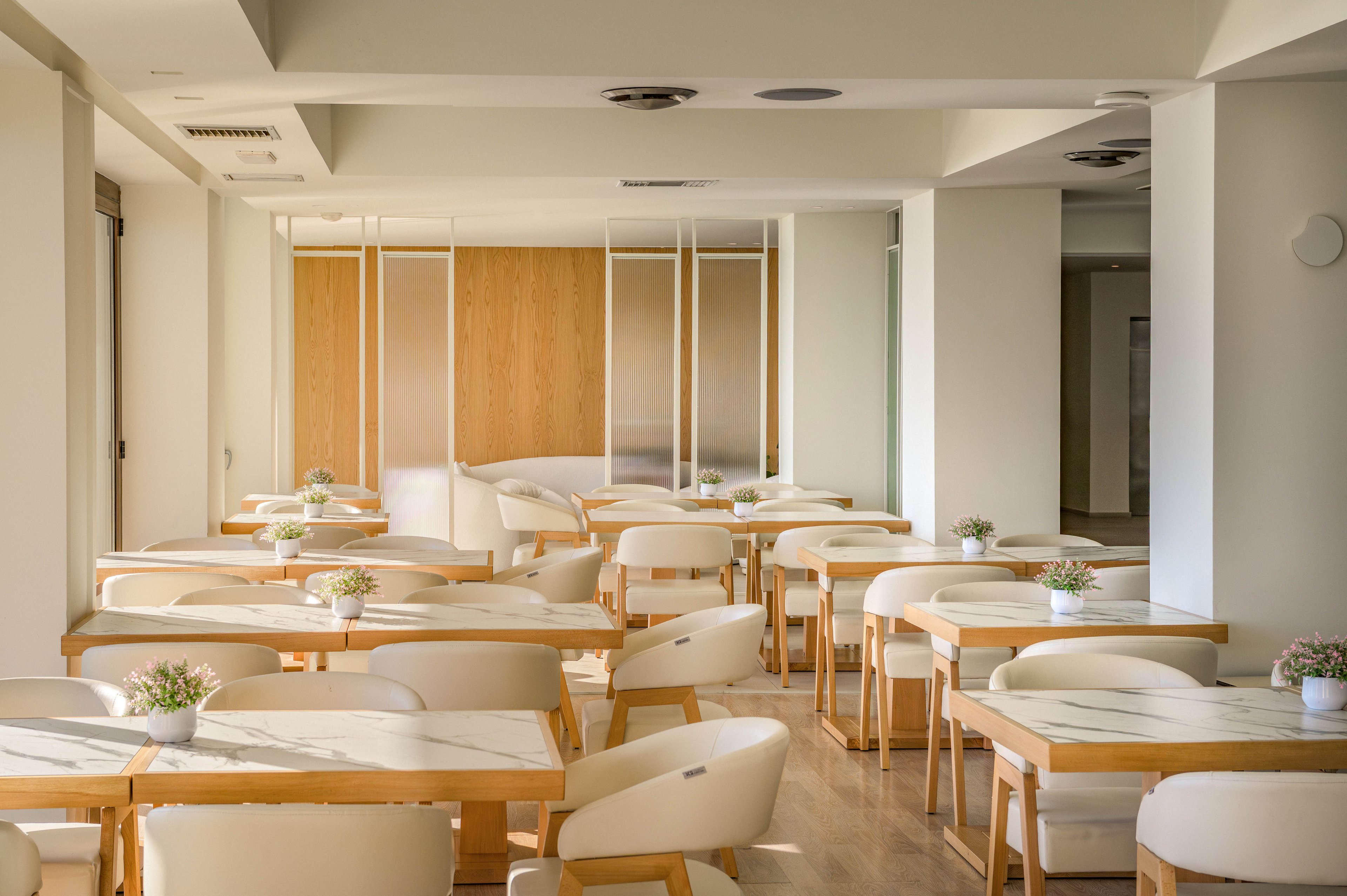 A contemporary restaurant dining room features rows of light wooden tables paired with cushioned white chairs. Small potted plants decorate each tabletop, adding a touch of greenery to the minimalist space. Natural light floods in from large windows, highlighting the clean lines and neutral color palette. The overall atmosphere is calm, airy, and inviting, suitable for casual or upscale dining.