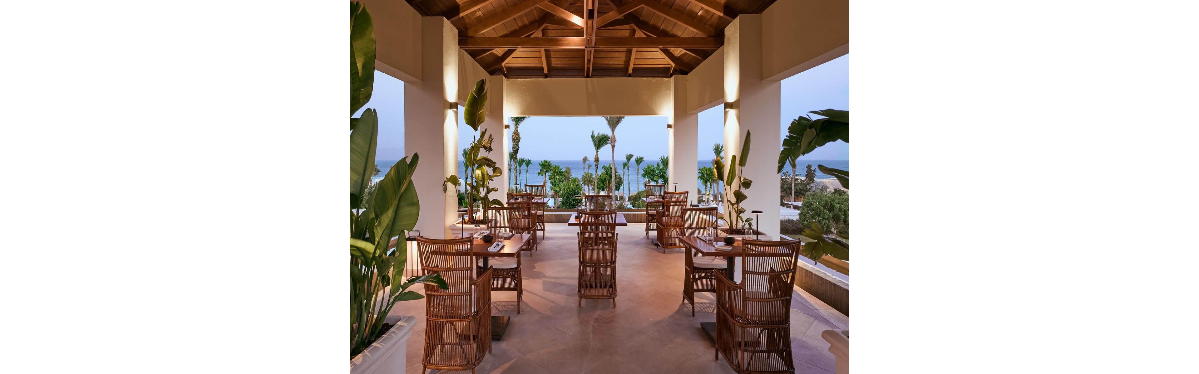 A serene open-air dining space featuring wooden furniture and tropical plants. The setting overlooks a picturesque ocean view framed by palm trees. The warm lighting and natural tones create a relaxing and inviting atmosphere.
