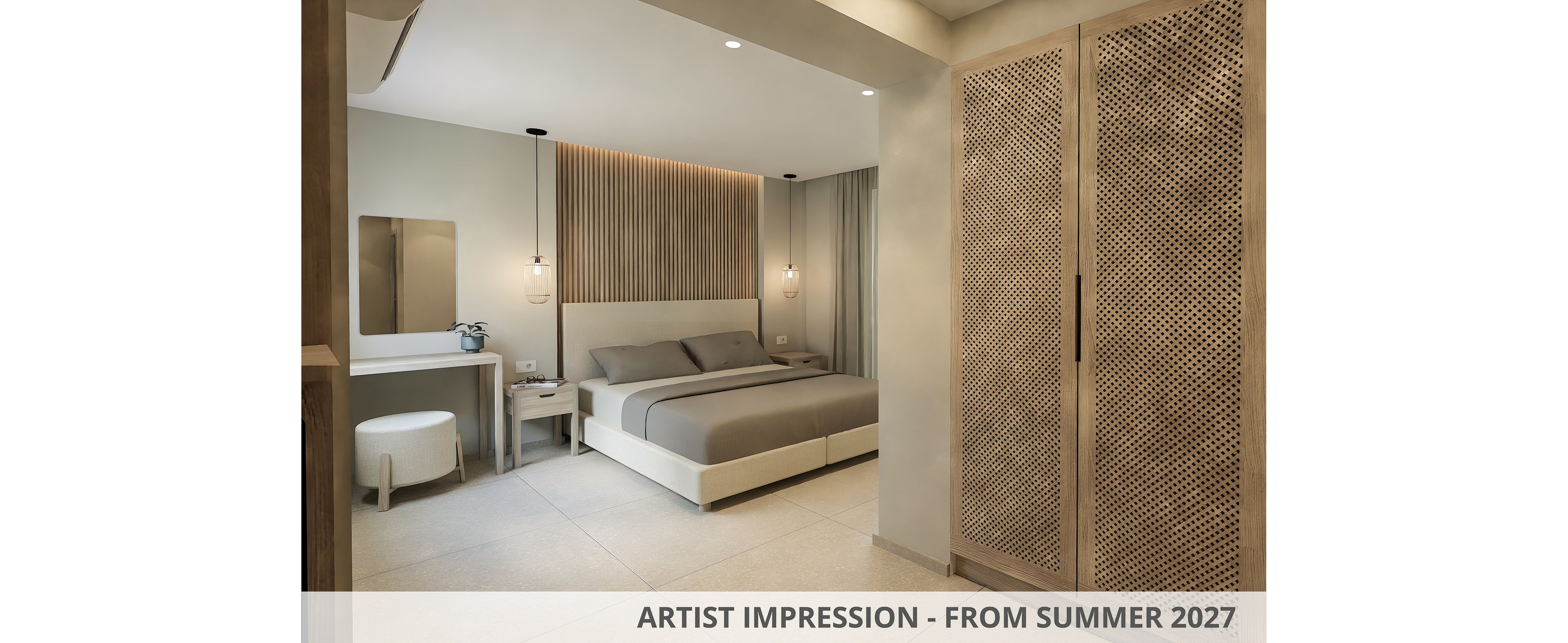 A spacious hotel room features a large bed with gray bedding, flanked by pendant lights and a wooden accent wall. The setting includes a vanity area with a mirror and stool, as well as a large wardrobe with a lattice design. The overall palette is neutral, with beige and gray tones creating a calm, contemporary atmosphere. No visible text or numbers are present in the image.