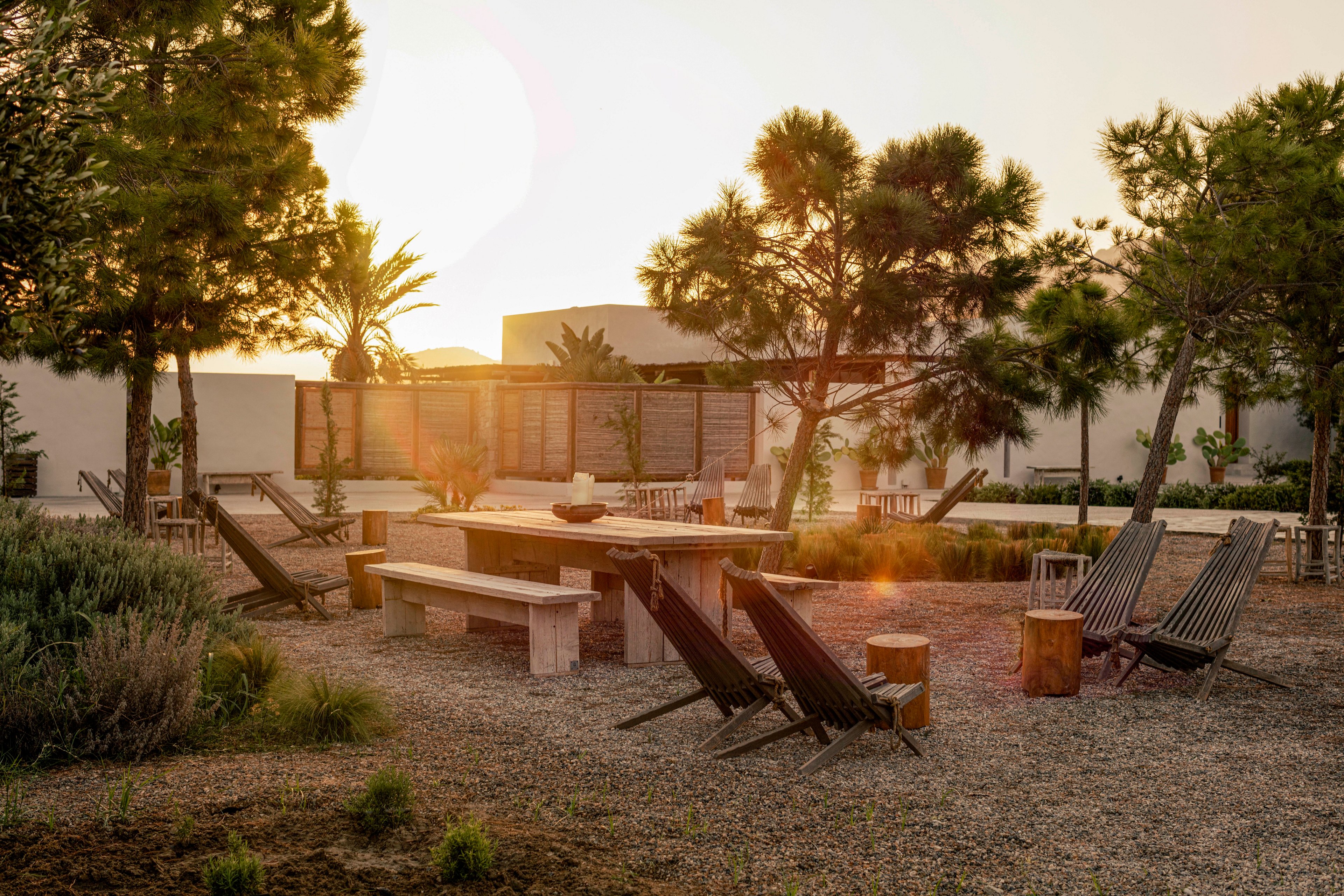 A tranquil outdoor seating area features wooden benches and lounge chairs arranged around a large table. The setting is surrounded by trees and greenery, with sunlight streaming through at sunset, creating a warm and inviting atmosphere. The gravel ground and rustic wooden furniture enhance the natural, relaxed vibe of the space.