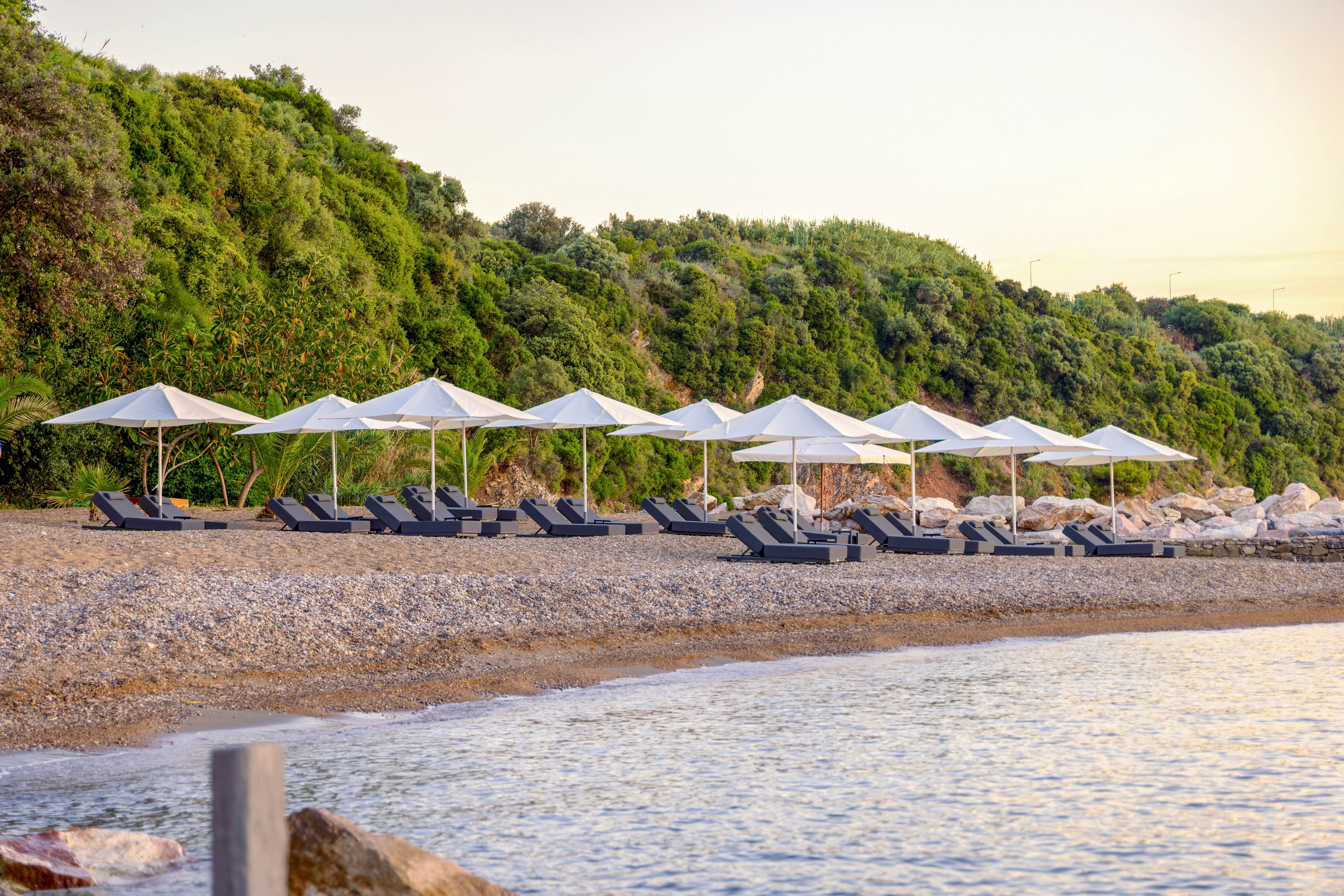 A row of empty lounge chairs with white umbrellas lines a quiet pebble beach. Gentle waves lap at the shoreline in the foreground, reflecting the warm light of sunset or early evening. Behind the beach, lush green vegetation covers a low hillside, creating a natural backdrop. The scene feels calm and inviting, suggesting a peaceful seaside resort or vacation destination.