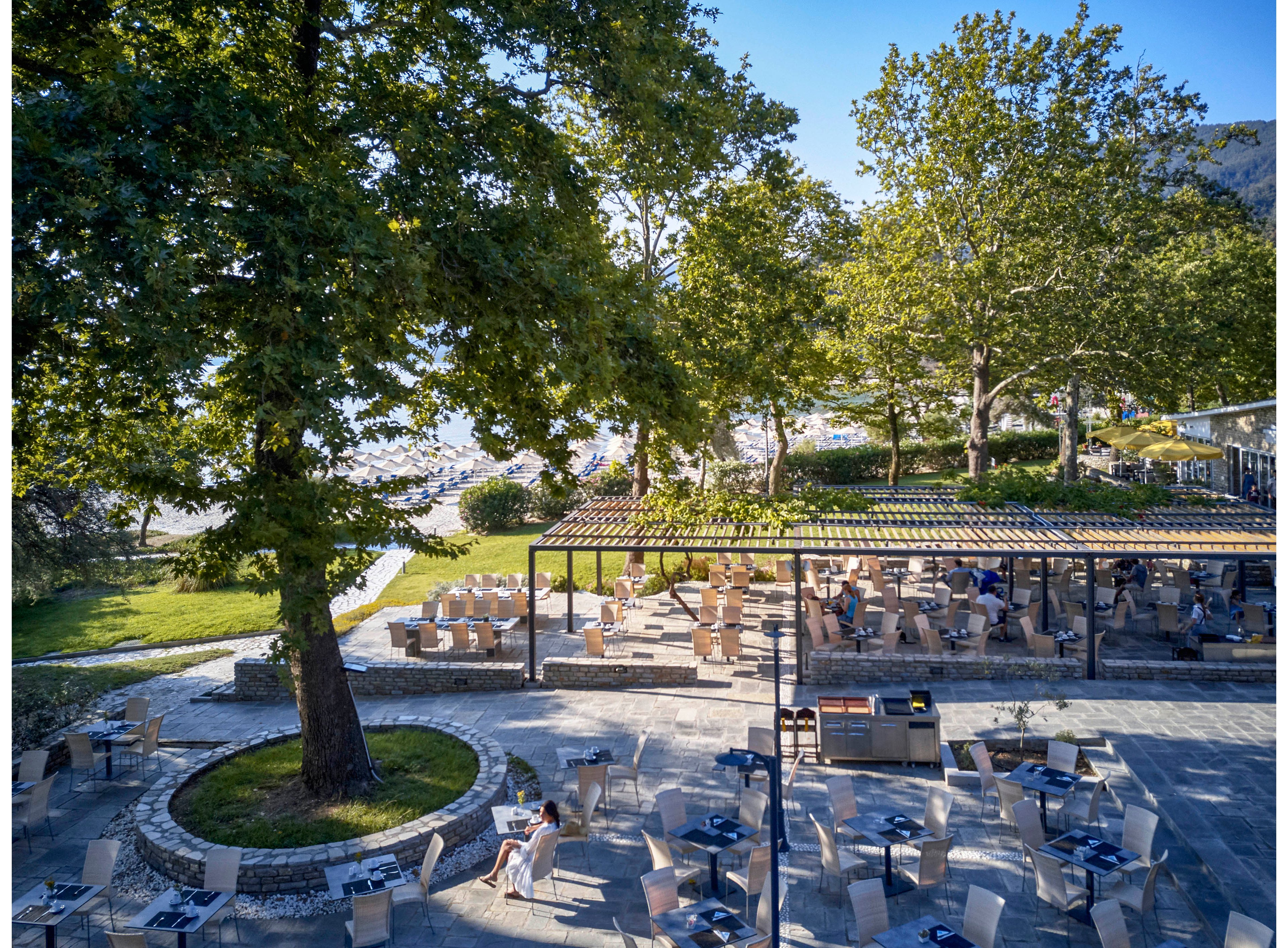 An expansive outdoor café terrace is set beneath tall leafy trees near a coastline. Numerous empty tables and chairs are arranged in both open-air and pergola-covered seating areas. The scene suggests a relaxed seaside resort environment with views toward the beach and water in the background. Bright daylight and clear skies create a calm, inviting atmosphere for dining or socializing outdoors.