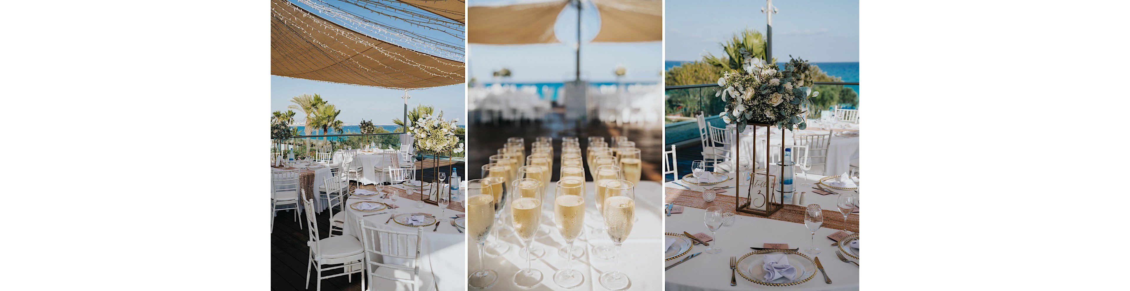 Triptych image of an elegant outdoor wedding reception overlooking the sea. White tables and chairs are arranged under fabric canopies with floral centerpieces and decorative table settings. The central panel focuses on rows of champagne flutes filled with sparkling wine on a white table. The surrounding views show lush greenery, blue ocean water, and soft neutral decor accents. Overall, the scene conveys a sophisticated, celebratory atmosphere in a coastal venue.