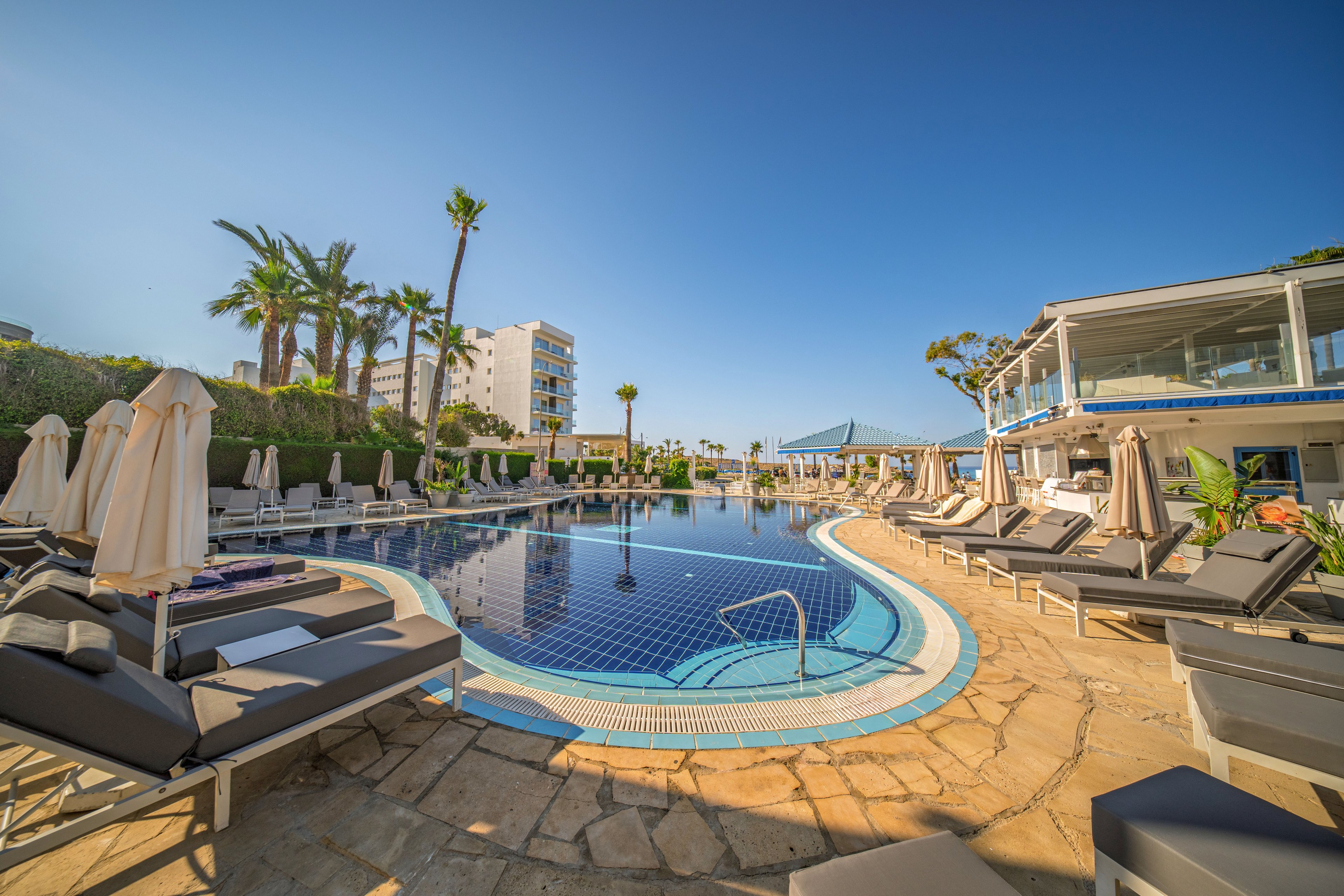 A curved outdoor swimming pool is surrounded by cushioned sun loungers and beige umbrellas at a coastal resort. Palm trees and low greenery frame the pool area, with modern hotel buildings visible in the background. The clear blue sky and bright sunlight create a warm, inviting atmosphere. A metal ladder leads into the water, and reflections of the surroundings appear on the calm pool surface.