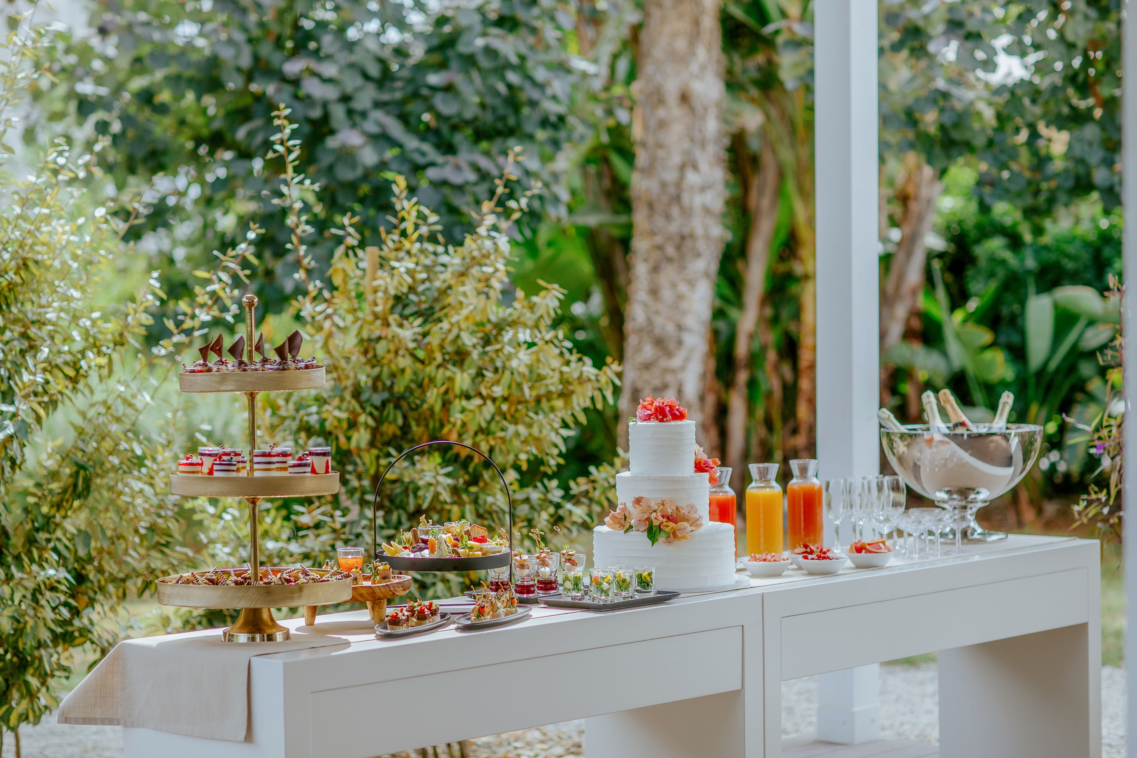 A beautifully arranged dessert table is set up outdoors against a lush green garden backdrop. A tiered stand holds assorted pastries and sweets, while a white multi-tiered cake decorated with fresh fruit stands prominently in the center. Glass carafes filled with colorful juices and rows of empty glasses add to the festive display. The bright natural light and greenery create a fresh, celebratory atmosphere suitable for a wedding or garden party.