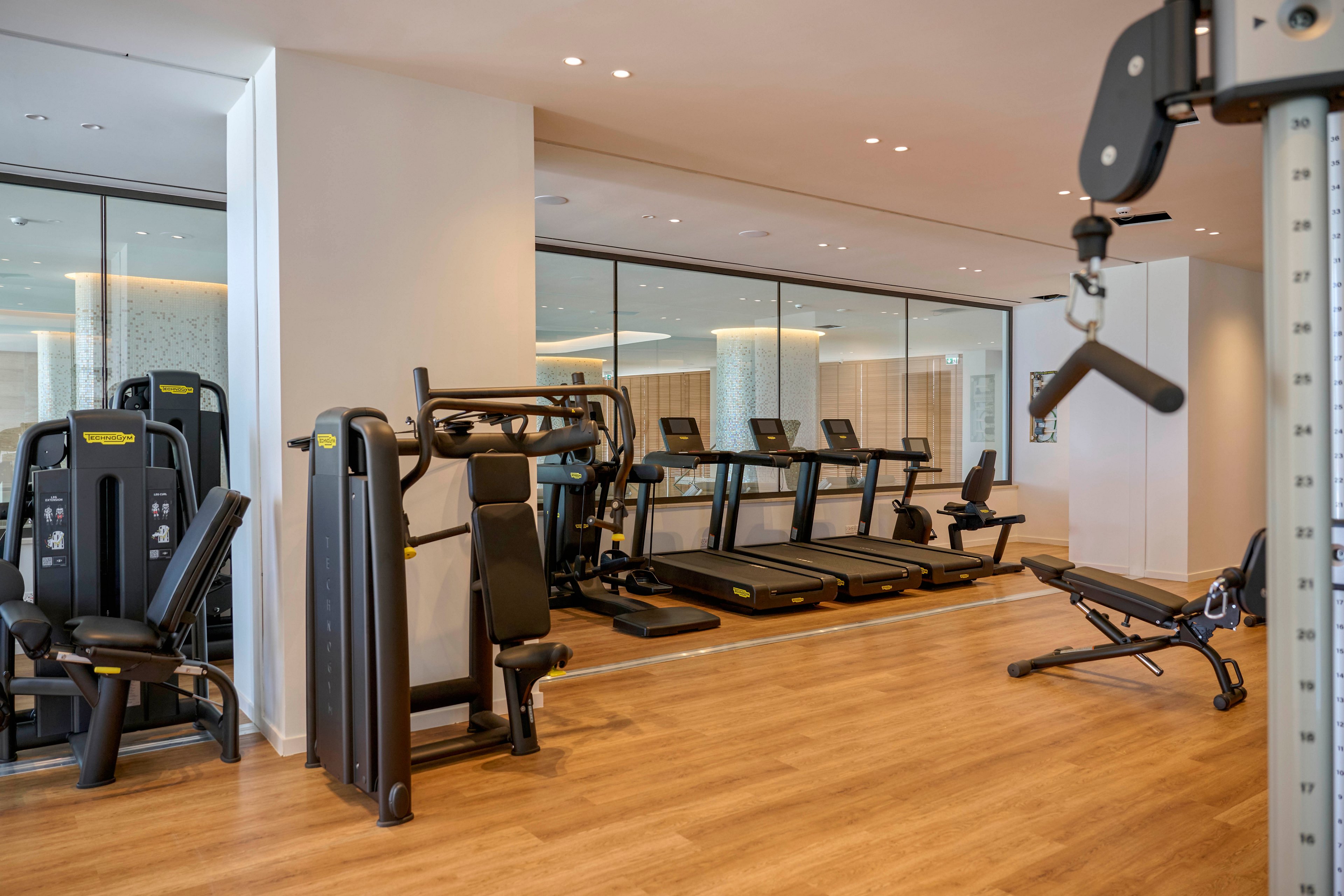 A contemporary indoor gym features various exercise machines neatly arranged on a wooden floor. Strength-training equipment stands in the foreground, with treadmills lined up against a glass wall in the background. A weight bench and cable machine are also visible, emphasizing a full-body workout space. The room is brightly lit with recessed ceiling lights, creating a clean and inviting atmosphere.