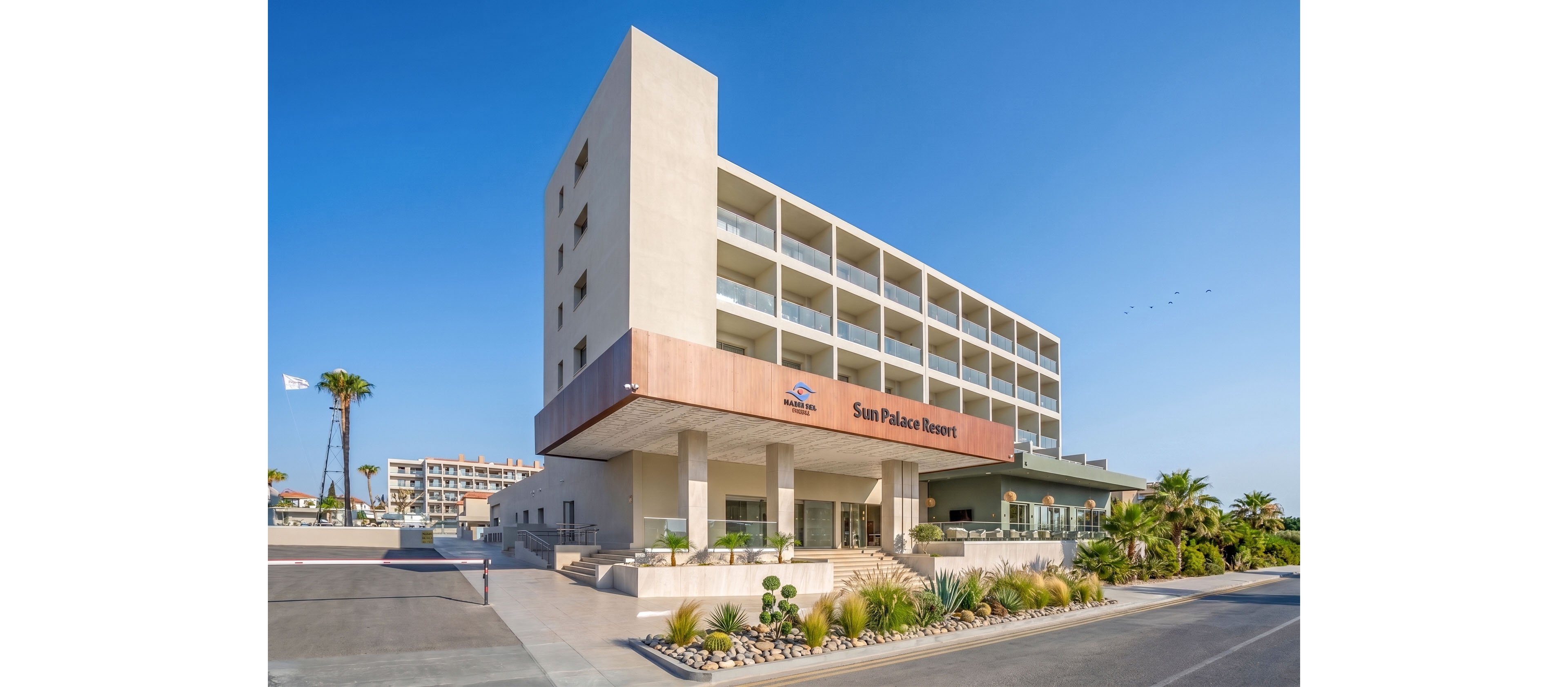 A contemporary multi-story hotel building labeled Sun Palace Resort stands under a clear blue sky. The structure features clean lines, balconies, and a prominent entrance canopy supported by columns. Desert-style landscaping with rocks, succulents, and palm trees decorates the foreground along the roadway. Additional resort buildings and flags are visible in the background, enhancing the coastal vacation atmosphere.