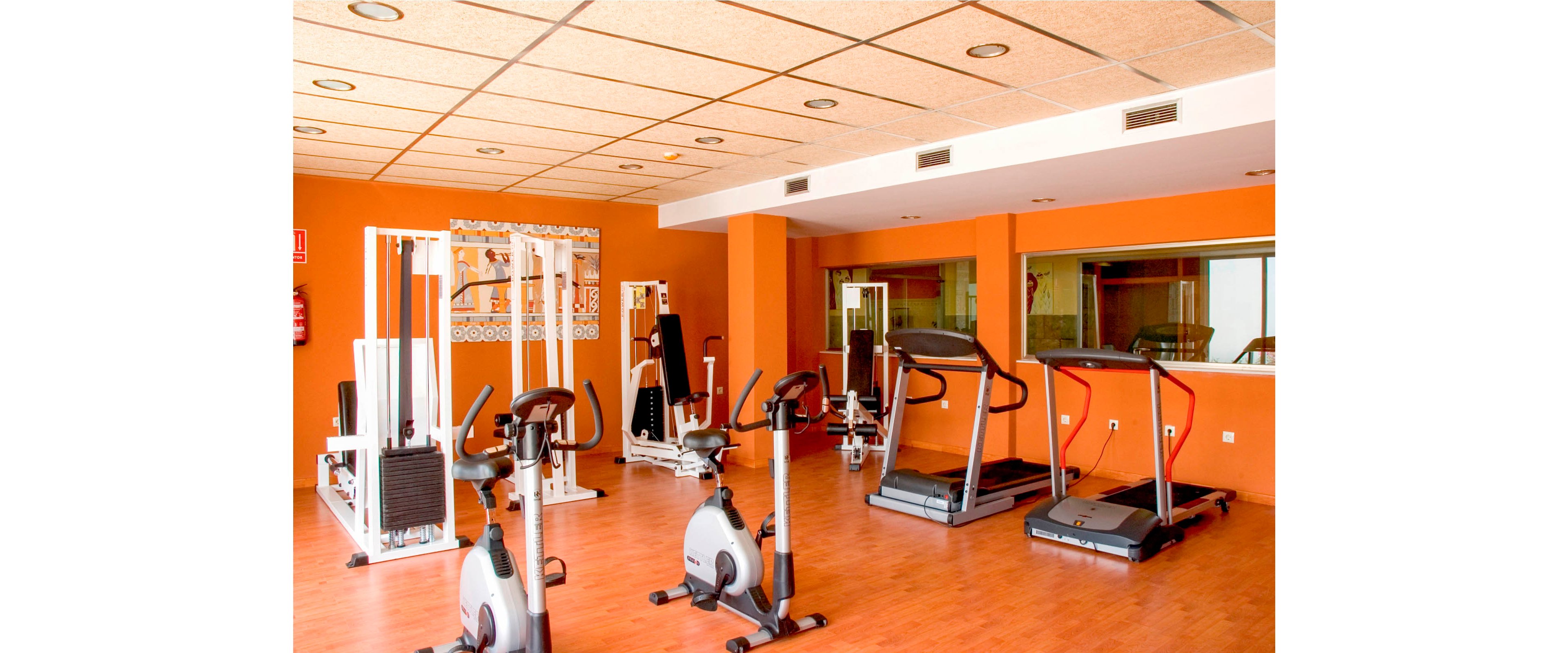 A modern fitness room features several cardio machines, including treadmills, stationary bikes, and weight equipment. The space has warm orange walls and a light tiled ceiling, creating a bright and inviting atmosphere. Large mirrors and windows line one side of the room, reflecting the equipment and adding a sense of spaciousness. The gym appears clean, organized, and ready for individual workouts.