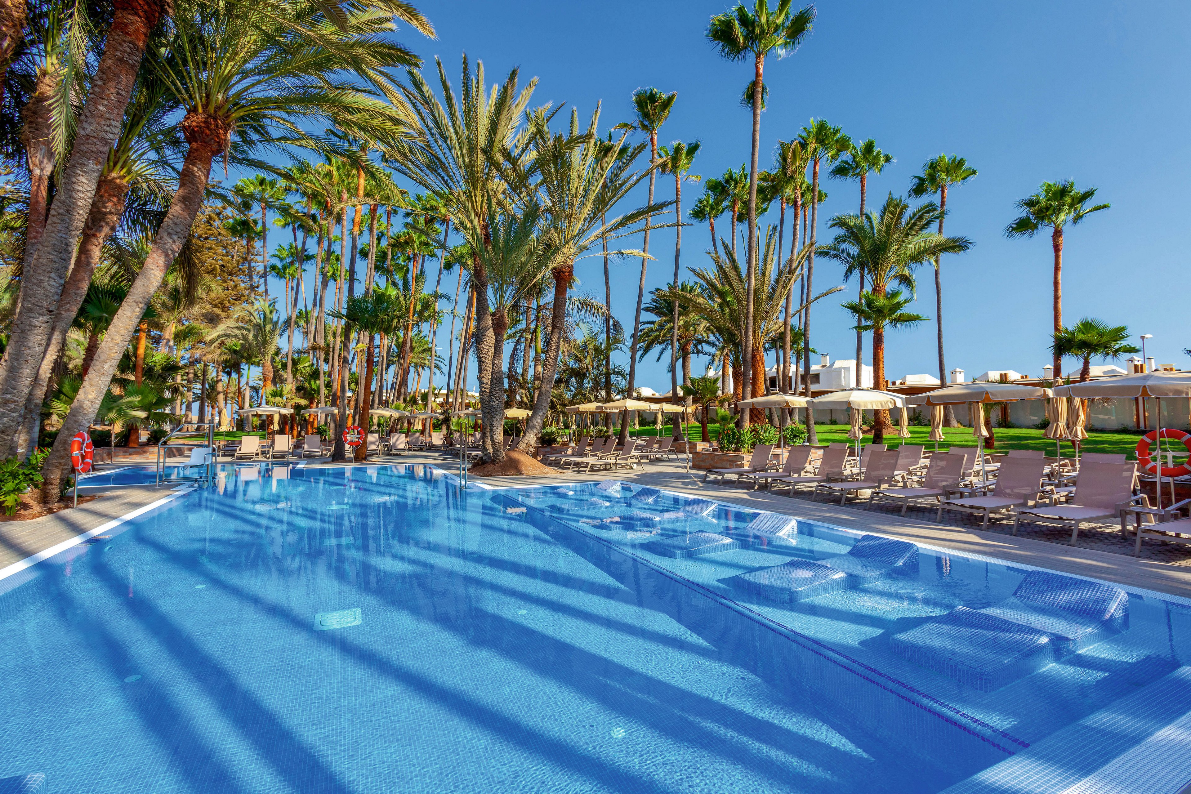 A large, clear swimming pool is surrounded by numerous tall palm trees and rows of empty sun loungers. The setting is a sunny outdoor resort area with blue skies and lush greenery, evoking a relaxing vacation atmosphere. The pool's water reflects the palm trees, and the area is well-maintained and inviting. No visible people are present, emphasizing tranquility and leisure.