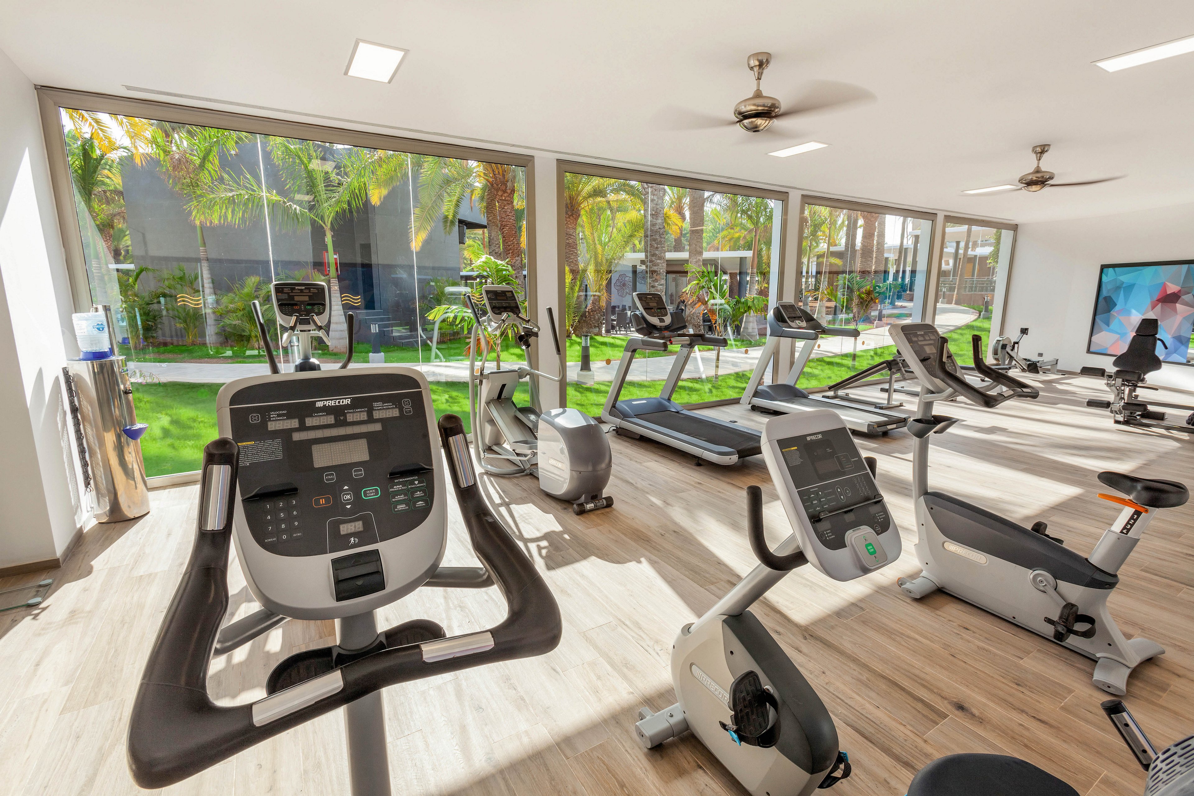 A bright, spacious gym features various cardio machines including stationary bikes and treadmills. The room is filled with natural light from floor-to-ceiling windows overlooking a garden with palm trees. The setting is clean and contemporary, with light wood flooring and ceiling fans. One person is visible using a treadmill in the background. The overall mood is energetic and inviting, ideal for fitness activities.