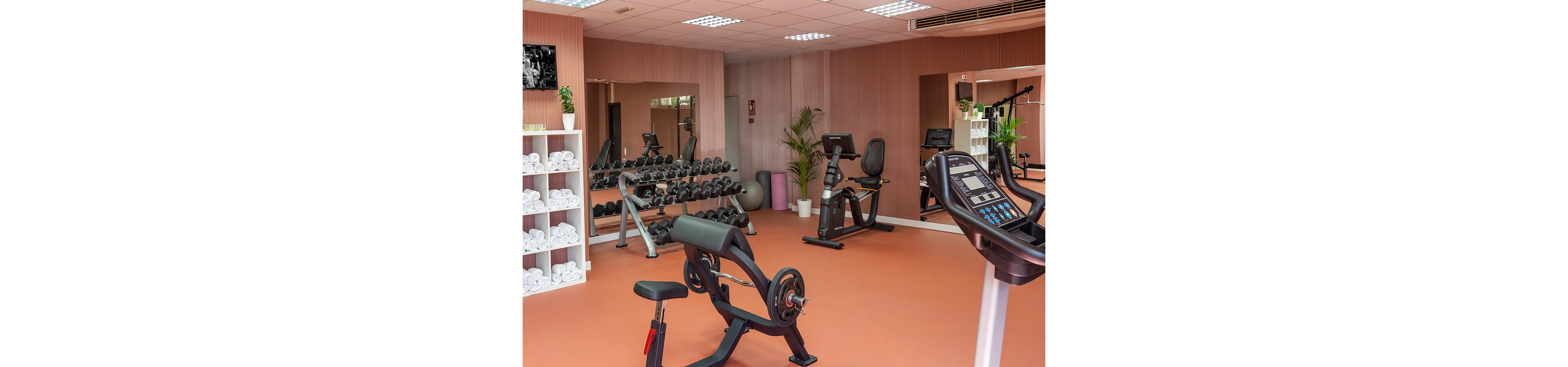 A clean, modern fitness room features various exercise equipment including free weights, stationary bikes, and strength machines. Large mirrors line the wall, reflecting neatly stacked white towels and potted plants that add a touch of greenery. The space has a warm, orange floor and soft-toned walls, creating a welcoming atmosphere for workouts. Ceiling lights evenly illuminate the room, emphasizing its organized and professional appearance.