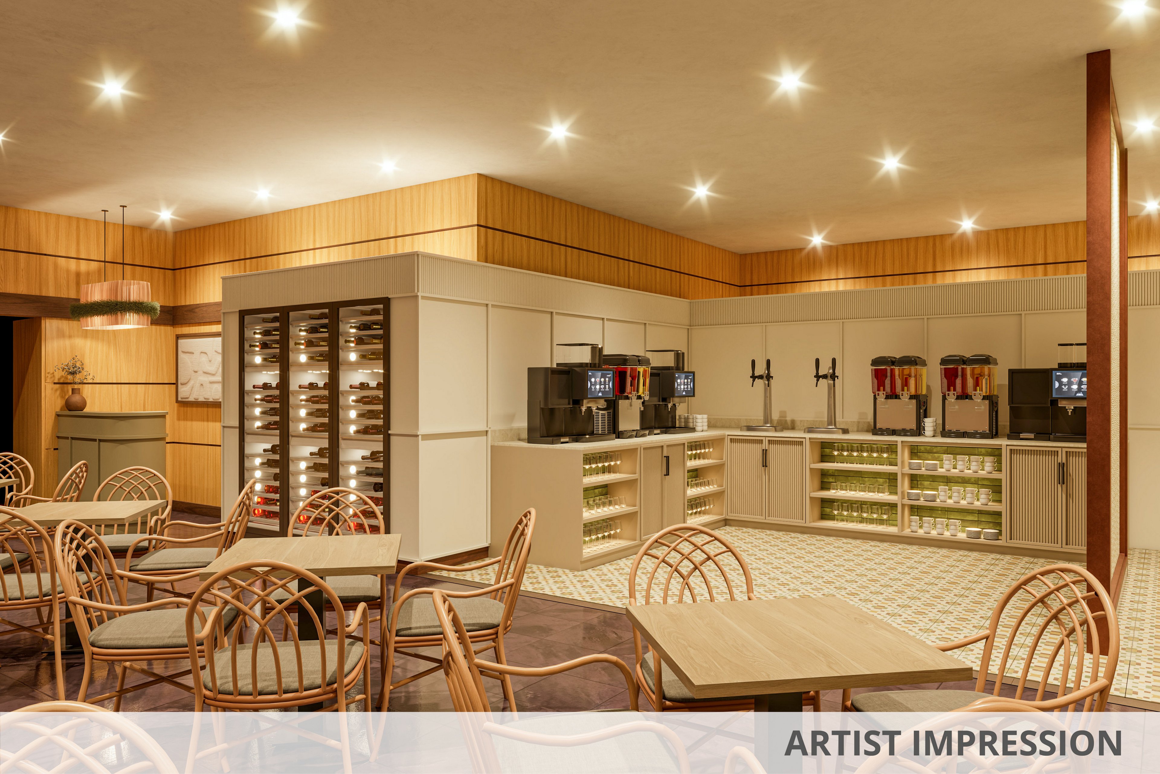 A contemporary self-service beverage station is set within a warm, well-lit cafe interior. Multiple drink dispensers and coffee machines line the back wall, with glass-front refrigerators displaying bottled drinks and glasses. Wooden tables and rattan-style chairs fill the seating area, arranged on patterned floor tiles. Recessed ceiling lights create a cozy, inviting atmosphere suitable for casual dining or refreshments.