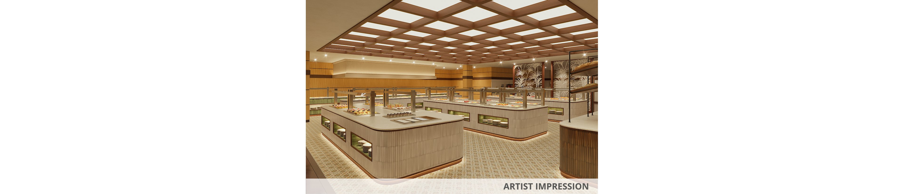 A spacious, contemporary buffet restaurant interior features multiple food service islands arranged in neat rows. The room is warmly lit by a grid of recessed ceiling lights, highlighting the patterned floor tiles and wood-paneled walls. Sleek serving counters display assorted dishes under glass, with metallic fixtures and clean lines emphasizing a modern design. Decorative wall panels and neutral beige and brown tones create an inviting, upscale dining atmosphere.