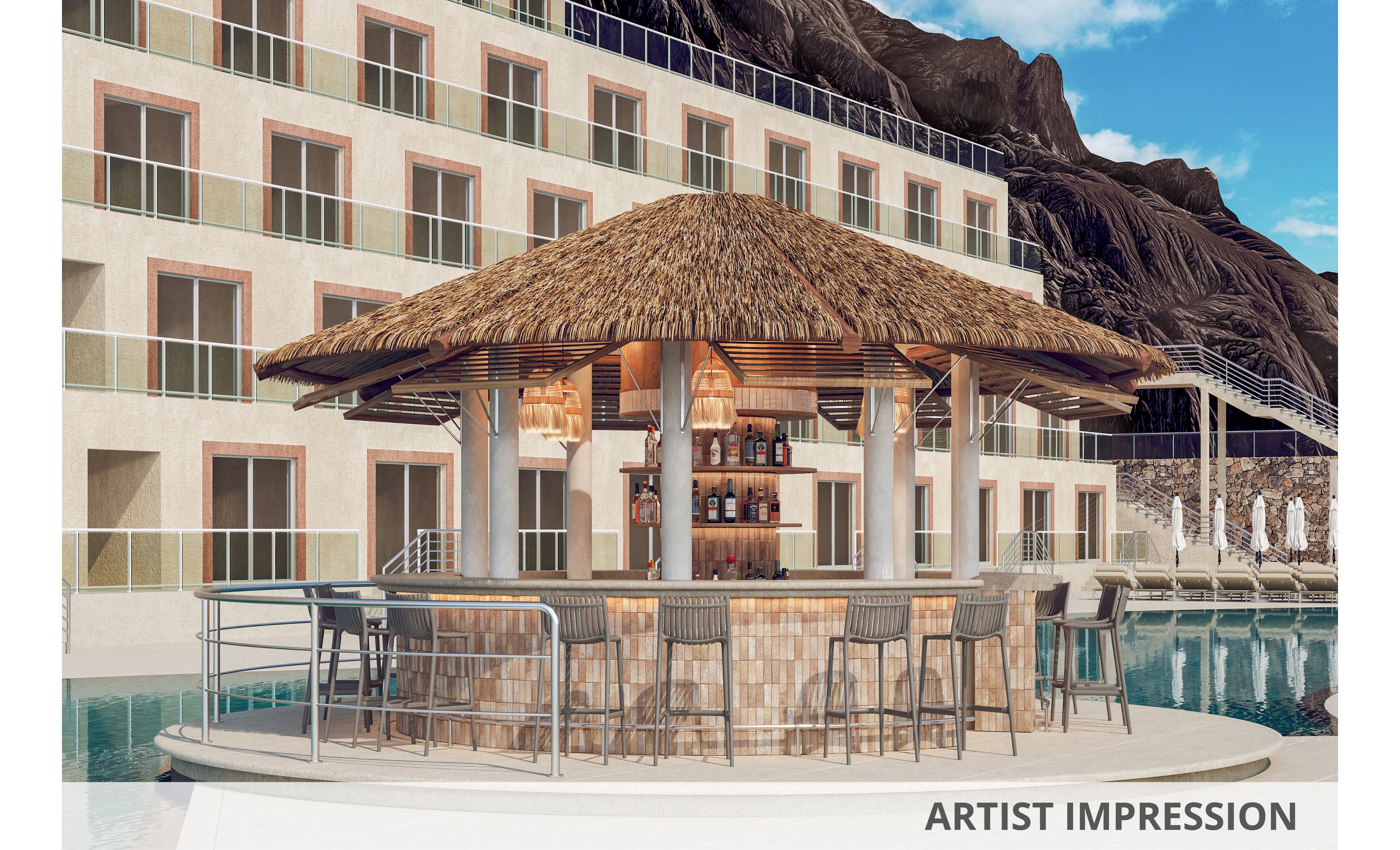 An outdoor bar with a thatched roof stands beside a clear swimming pool at a modern resort. High stools surround the circular bar, which is stocked with bottles and glassware. The multi-story hotel building with balconies rises in the background against rocky hills. Sun loungers line the poolside area, suggesting a relaxed vacation atmosphere under a bright blue sky.