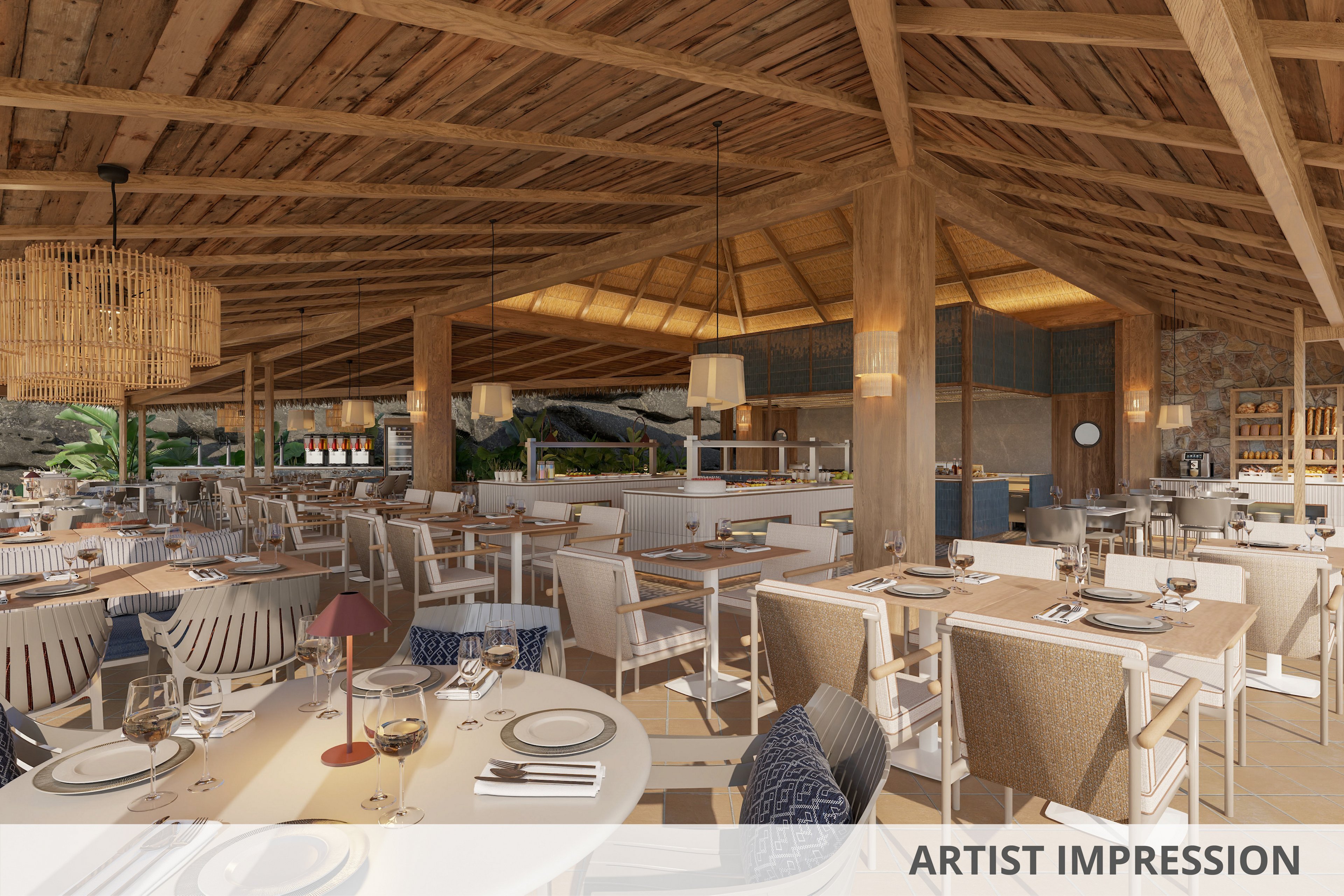 Image of a large, open-air restaurant dining area featuring numerous tables and chairs neatly arranged. The space has a warm wooden ceiling with exposed beams and large wooden columns, creating a rustic yet modern atmosphere. Table settings include plates, cutlery, glasses, and cloth napkins, suggesting readiness for guests. Soft lighting, woven textures, and neutral tones contribute to a relaxed, inviting mood.