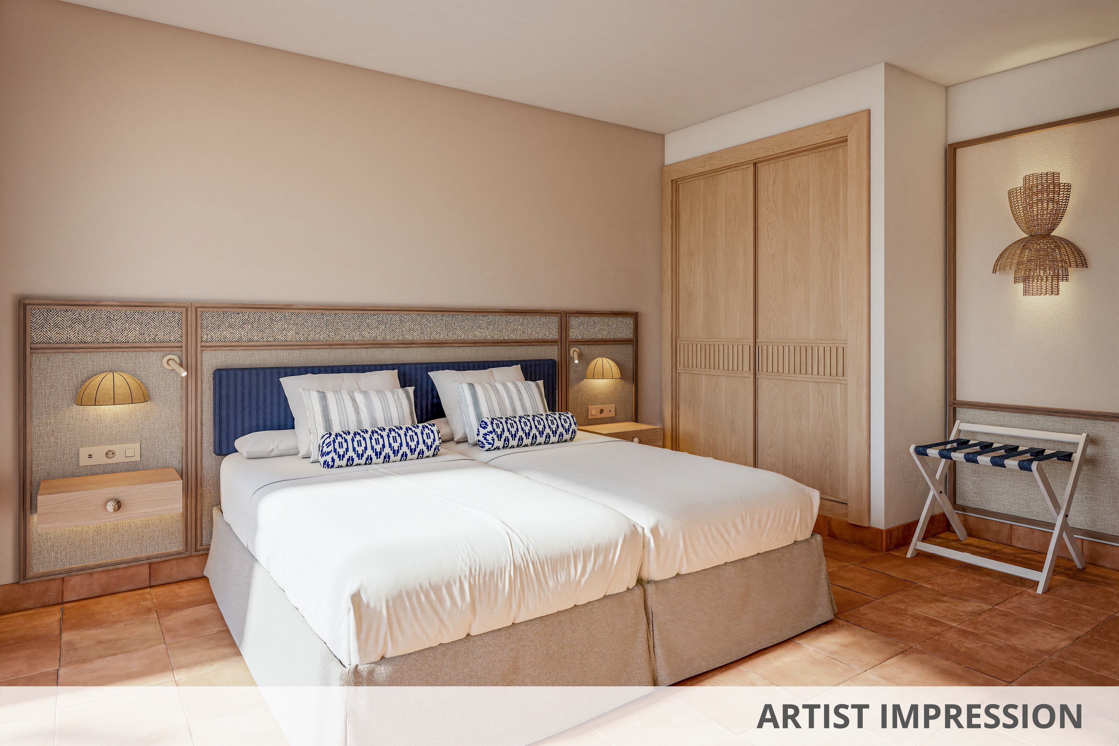 A sunlit hotel bedroom features two neatly made twin beds with white linens and patterned blue accent pillows. The room has warm terracotta floor tiles and light wood furniture, including a built-in wardrobe and bedside tables with wall-mounted lamps. A woven wall sconce adds texture to the neutral decor, while a folding luggage rack stands near the wardrobe. The overall style is clean, modern, and inviting, emphasizing comfort and simplicity.
