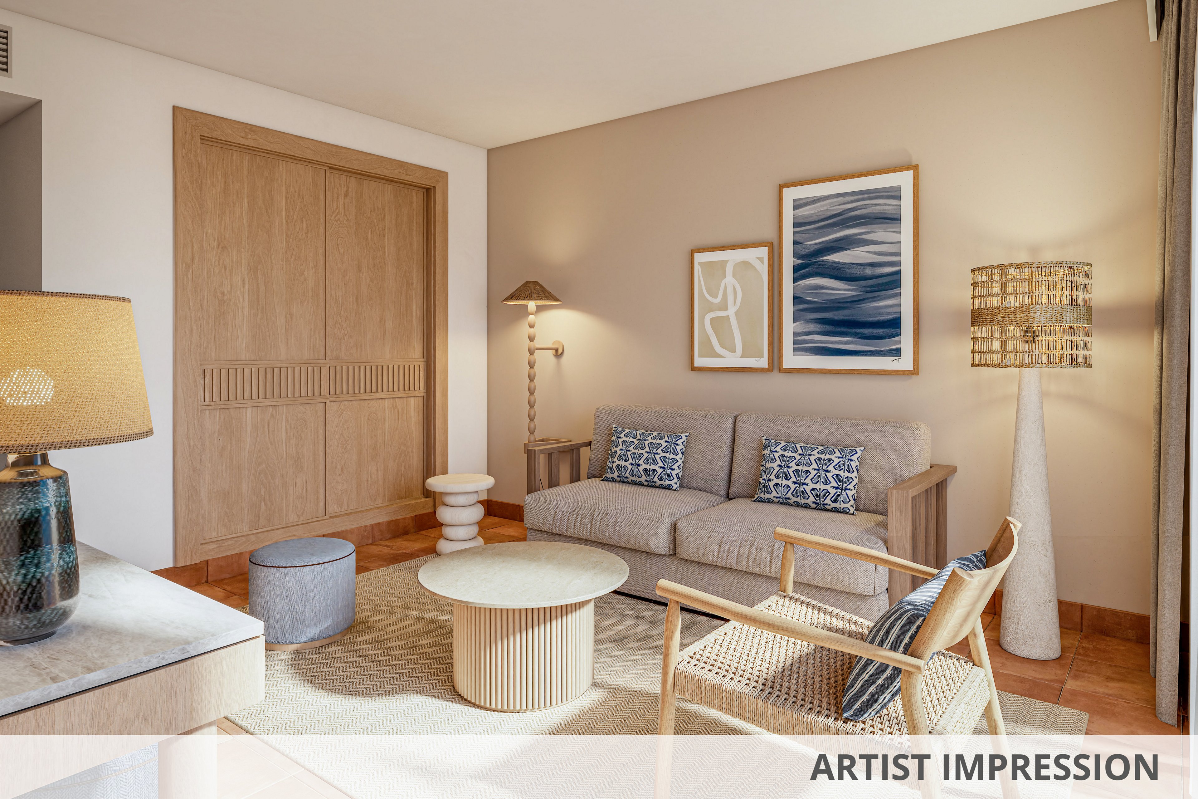 A contemporary living room features a beige sofa with patterned cushions and a light wooden armchair. The space is decorated with abstract wall art, textured floor lamps, and a round coffee table on a woven rug. Warm neutral tones and natural materials create a calm, coastal-inspired atmosphere. Soft daylight filters through curtains, highlighting the clean lines and minimalist design.
