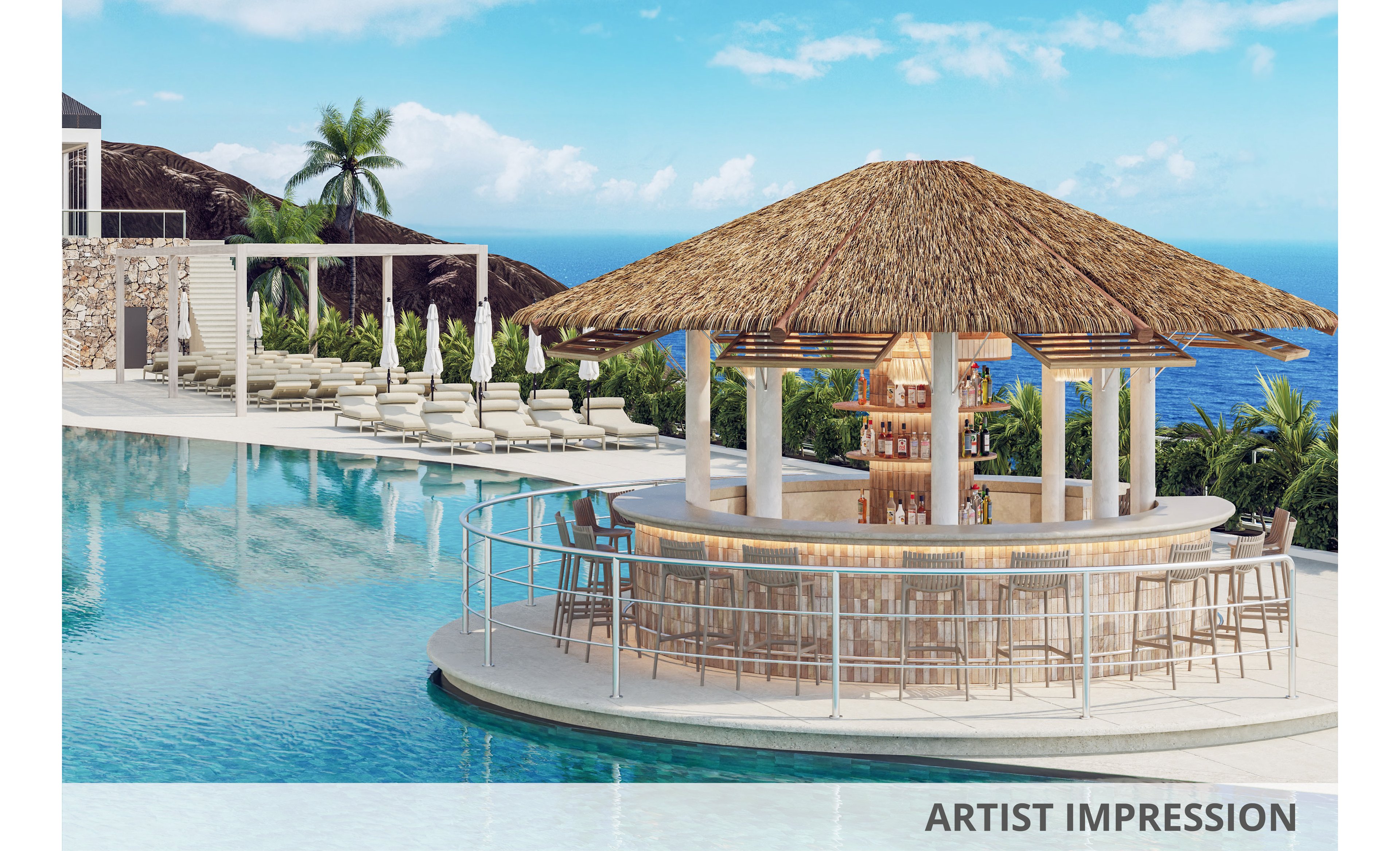 A luxurious tropical resort features a large infinity-style pool with a circular swim-up bar under a thatched roof. Bar stools line the water’s edge, inviting guests to relax with drinks while overlooking lush greenery and the ocean. In the background, rows of sun loungers and white umbrellas sit on a terrace beside palm trees and rocky hills. The bright blue sky and clear water create a serene, vacation atmosphere.