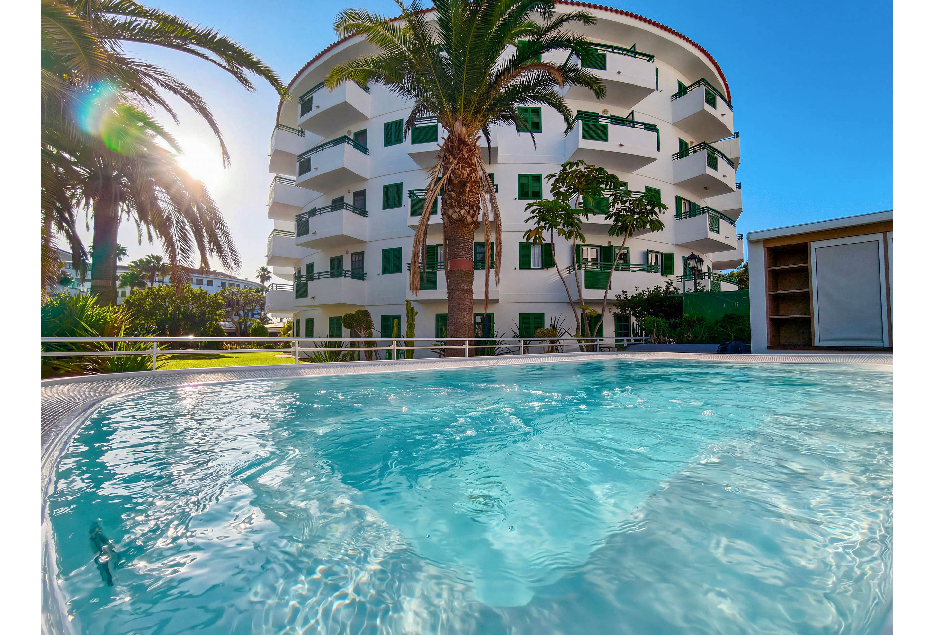 A clear blue swimming pool is featured in the foreground under bright sunlight. Behind it stands a modern white apartment or hotel building with green shutters and multiple balconies. Tall palm trees and lush greenery surround the property, creating a tropical vacation atmosphere. The scene suggests a relaxing holiday setting with outdoor leisure and warm weather.