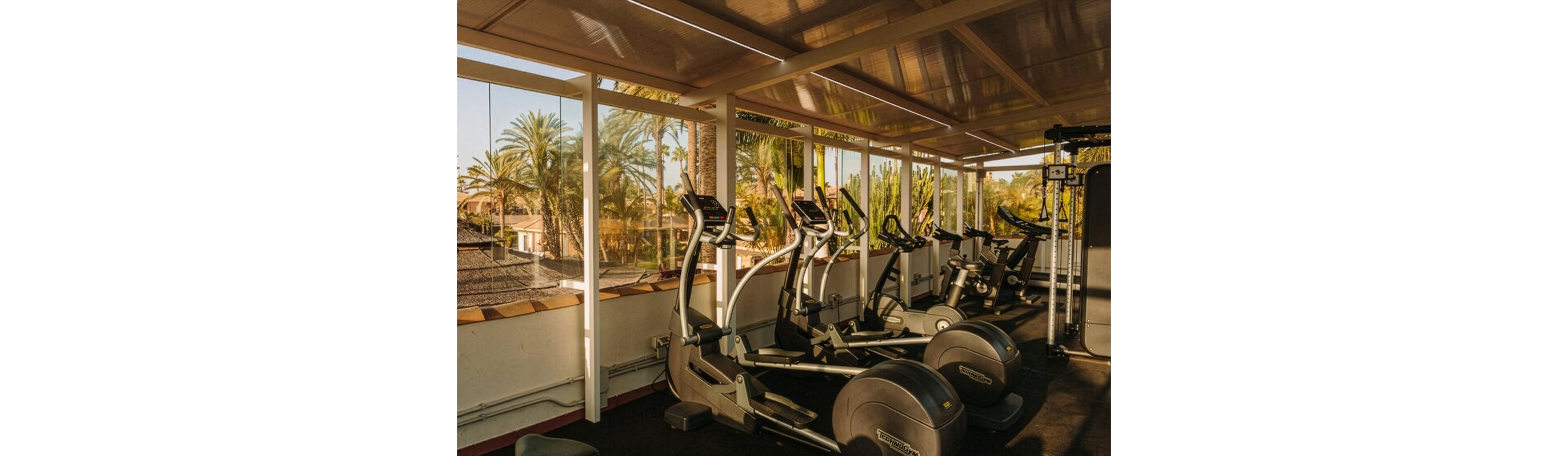 A row of elliptical trainers and stationary bikes is arranged in a covered outdoor gym area. Large windows reveal palm trees and a warm, sunny landscape outside. The space is bathed in golden light, creating an inviting atmosphere for exercise. The equipment is neatly organized, suggesting a well-maintained fitness facility.
