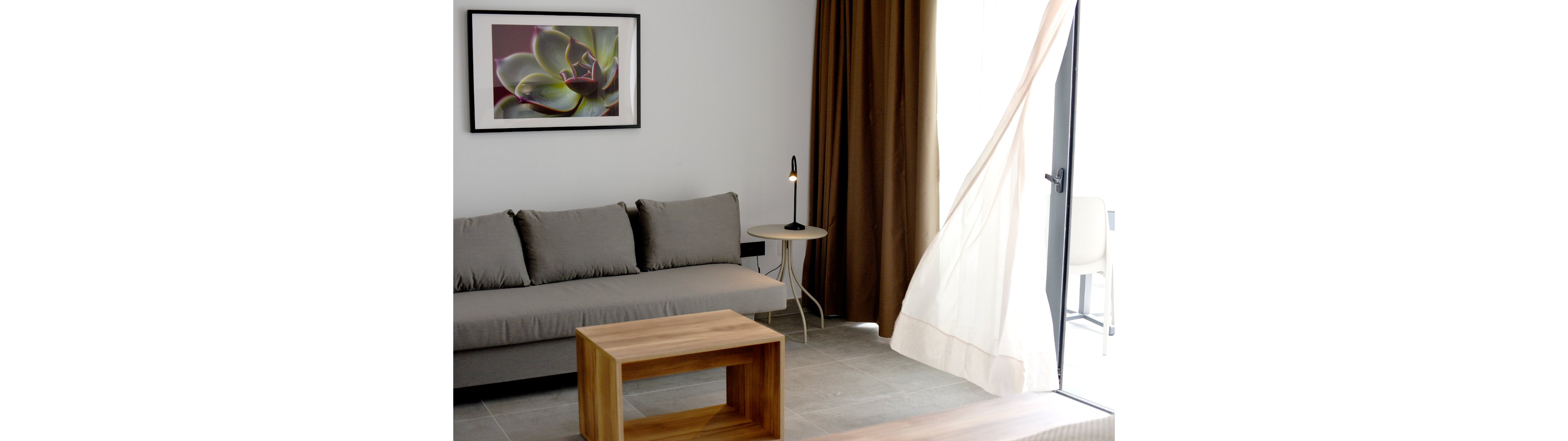 A modern living room features a low grey sofa against a white wall. A framed close-up photograph of a succulent plant hangs above the couch, adding a natural accent. A small round side table with a slim lamp stands beside the sofa, while a simple wooden coffee table sits in the foreground. Floor-to-ceiling curtains frame an open doorway where a light curtain billows inward, suggesting a gentle breeze.