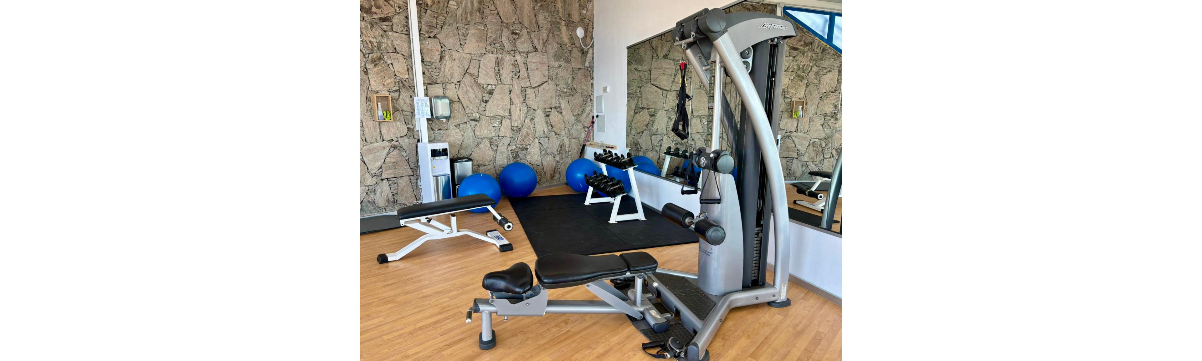 A modern fitness room features a large multi-station weight machine as the main focus. In the background, a rack of dumbbells sits on a black mat alongside several blue exercise balls. A white workout bench is positioned on the wooden floor near a stone-textured wall. Large mirrors reflect the equipment, creating a bright and spacious gym environment.