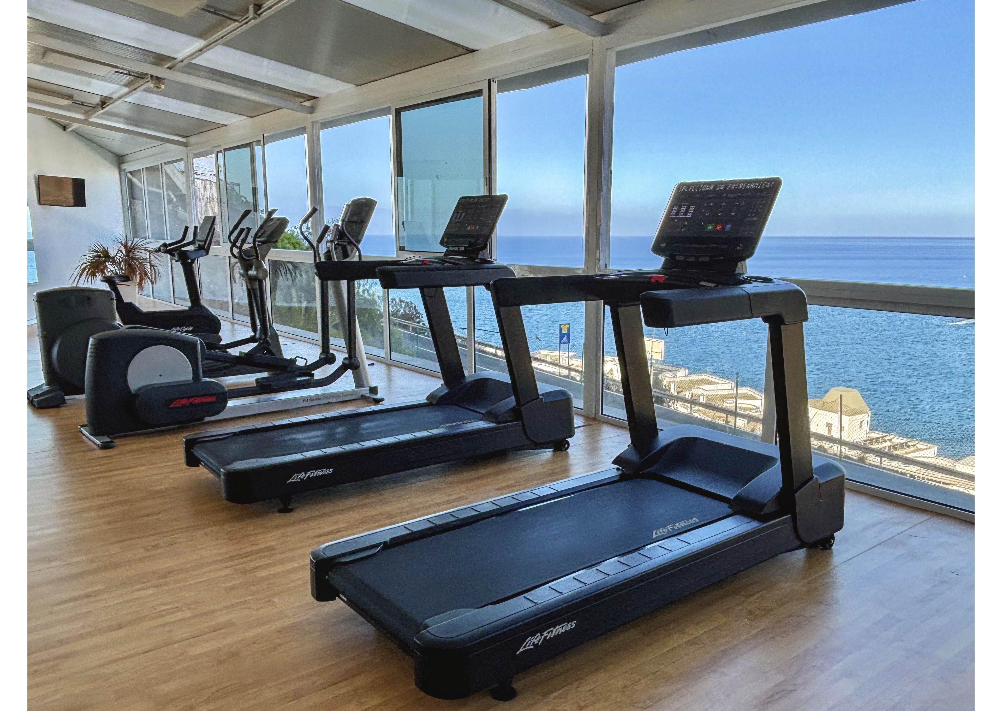 A row of modern treadmills stands in a bright fitness room overlooking the ocean. Large floor-to-ceiling windows let in natural light and reveal a clear view of the coastline and blue sky. The wooden floor and sleek black exercise machines create a clean, contemporary atmosphere. No people are present, emphasizing the calm and spacious workout environment.