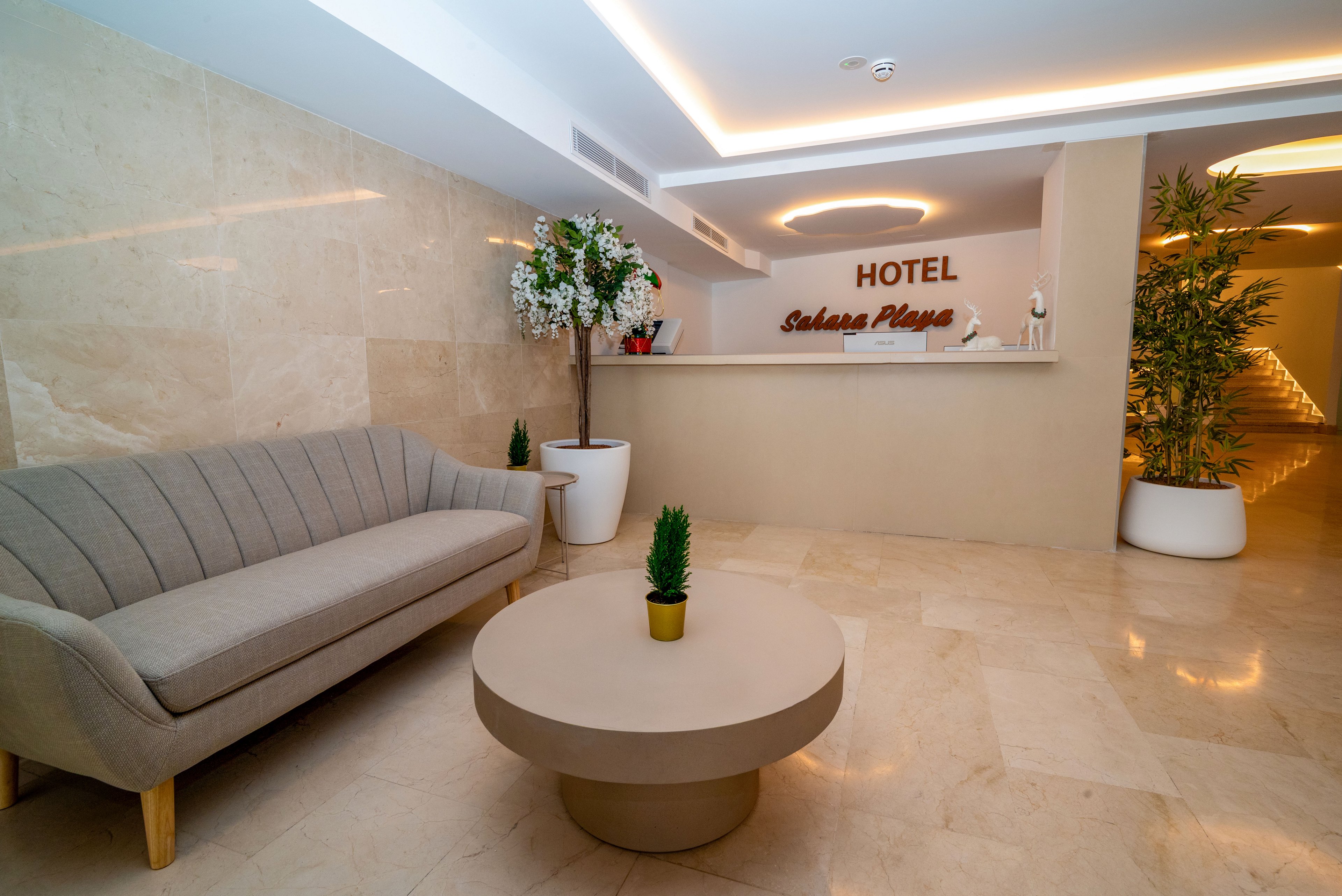 A contemporary hotel reception area features a sleek front desk with the word HOTEL displayed on the wall behind it. The lobby includes a light gray sofa and a round coffee table with a small potted plant. Neutral beige flooring and walls create a clean, minimalist look. Decorative indoor plants and soft ceiling lighting add warmth and a welcoming atmosphere.