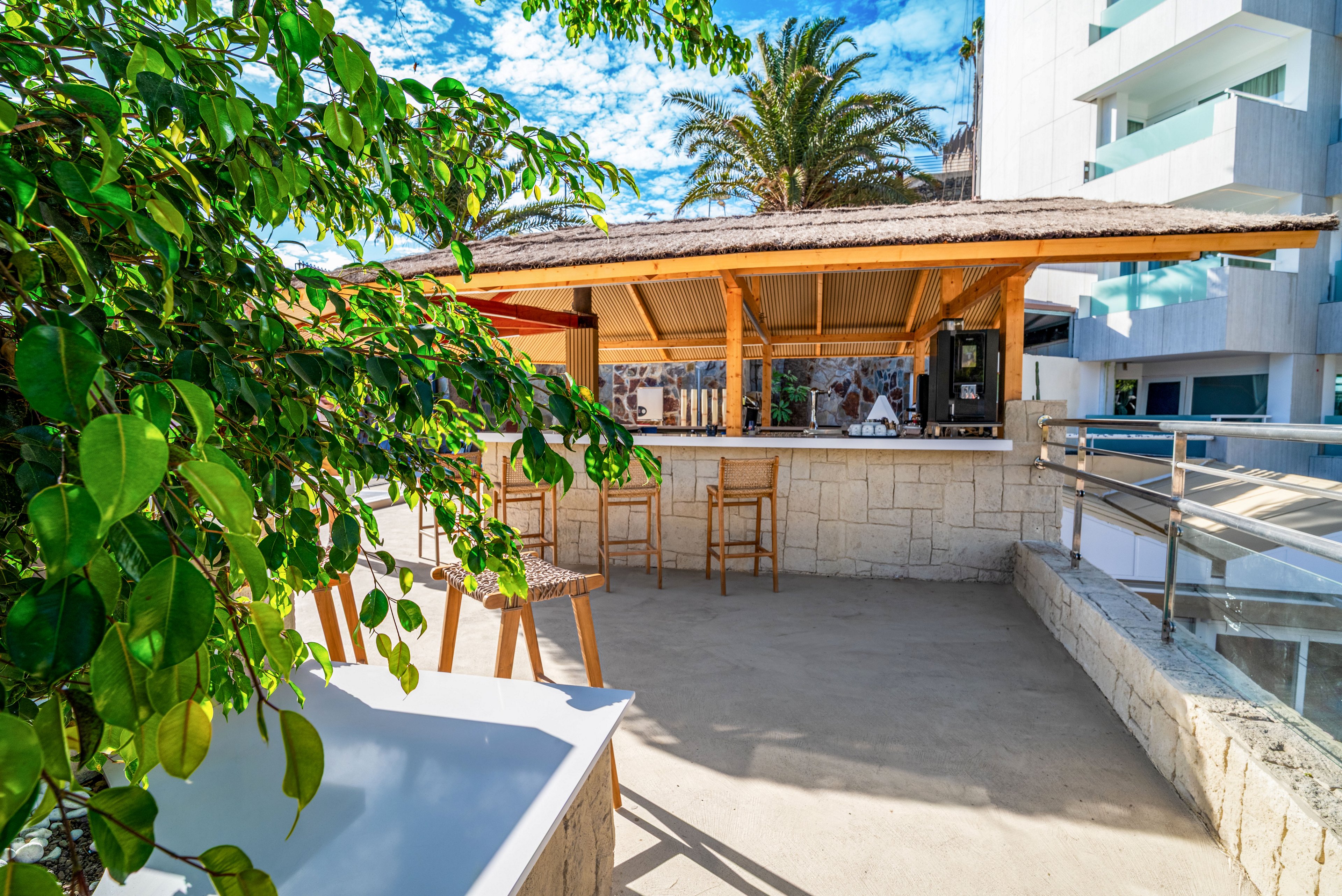 An open-air bar with a wooden roof and stone counter sits on a sunny terrace. Several wooden stools line the bar, with palm trees and modern white buildings in the background. A leafy green plant frames the foreground, adding a lush tropical feel. Bright blue sky and scattered clouds create a relaxed vacation atmosphere.