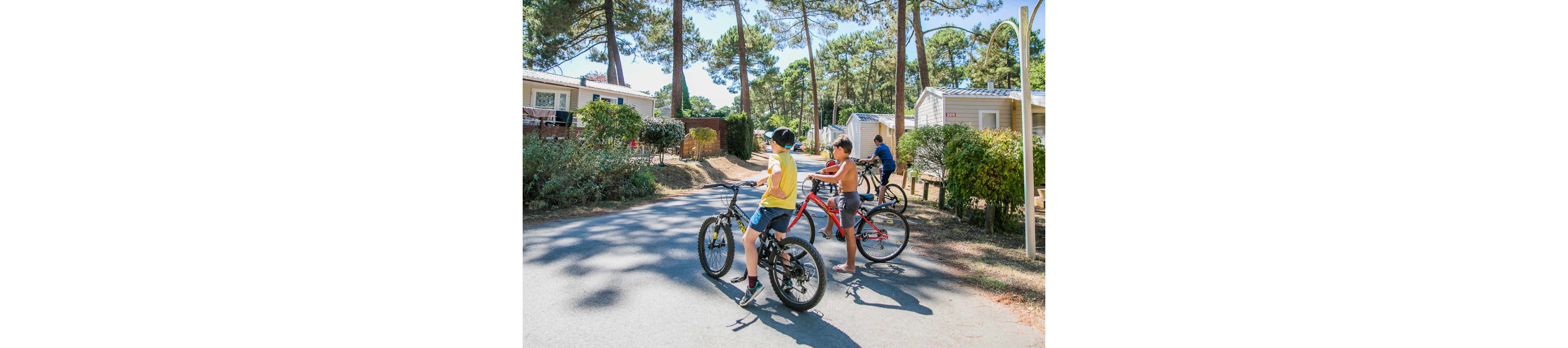 Three children with bicycles pause on a paved road inside a holiday campsite. Mobile homes and cabins are visible in the background among tall pine trees. The scene is bright and sunny, suggesting a relaxed summer vacation atmosphere. The kids appear to be exploring or preparing to ride further through the campground.