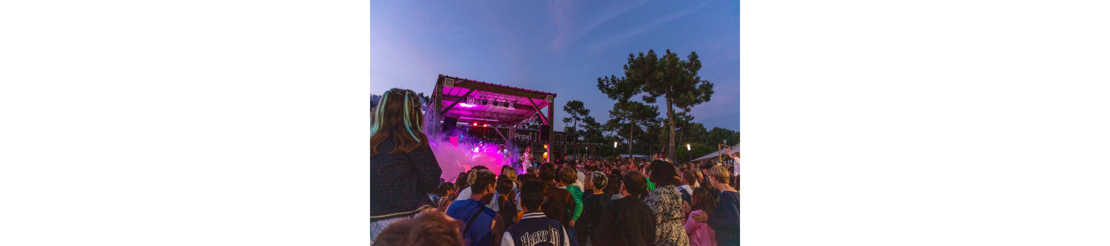 A large crowd gathers in front of an outdoor stage during an evening concert. The stage is lit with vibrant purple and pink lights, creating a festive atmosphere. People of various ages stand closely together, watching the performers through light haze and smoke effects. Trees and a darkening blue sky frame the lively scene of live music and entertainment.