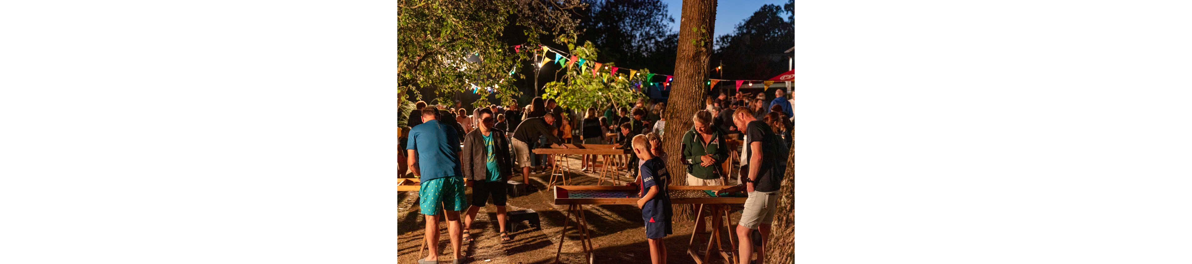 A group of people gather at an outdoor fair in the evening, playing tabletop games under the trees. Adults and children stand around wooden game tables, concentrating on their activities. Colorful pennant flags and warm lights decorate the background, creating a festive atmosphere. The scene feels relaxed and social, with families enjoying leisure time together after sunset.