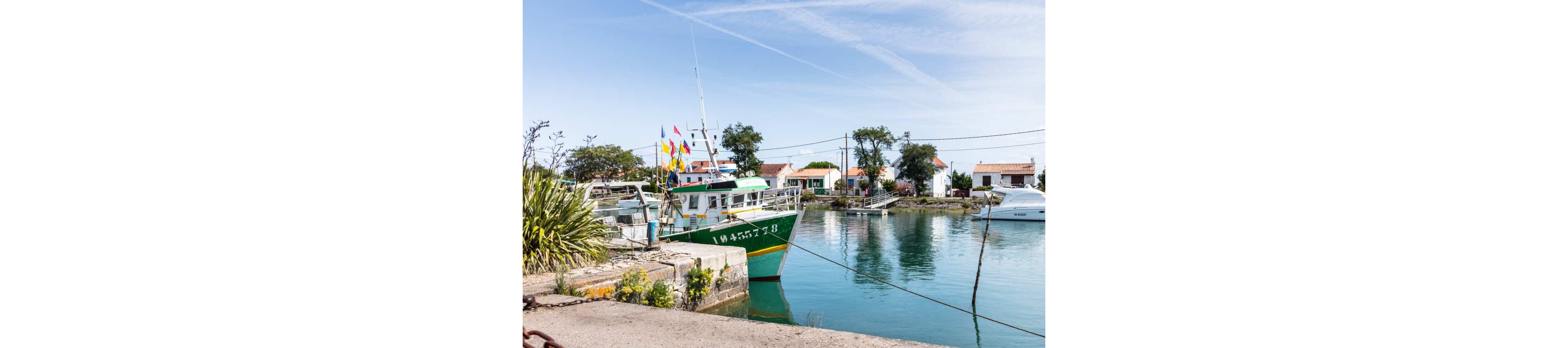 A green and white fishing boat is moored along a calm harbor edge on a sunny day. Small houses with red-tiled roofs line the waterfront, framed by trees and low vegetation. Colorful flags fly from the boat’s mast, reflecting in the still water. The clear blue sky and gentle ripples create a peaceful coastal village atmosphere.