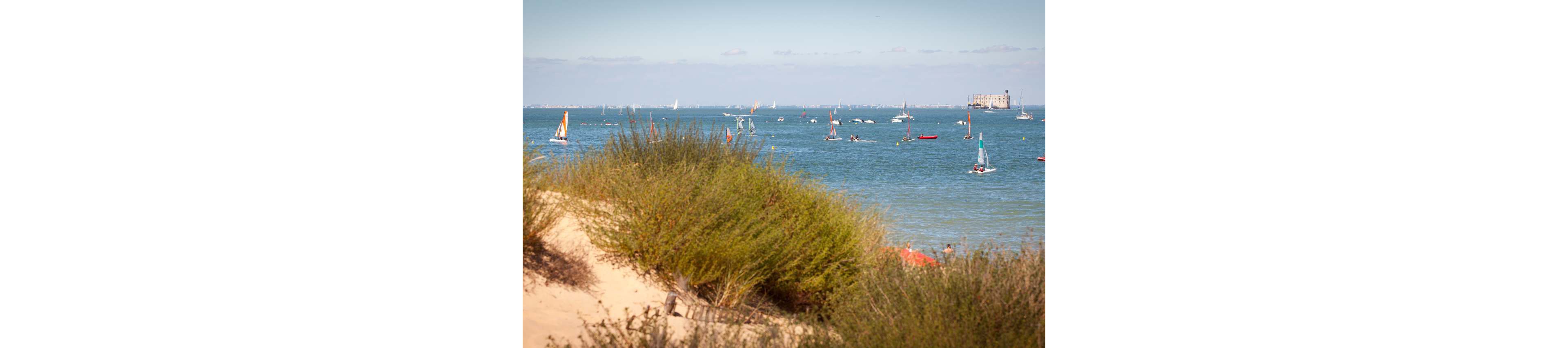 A coastal scene shows numerous small sailboats scattered across a calm blue bay. The foreground is framed by sandy dunes and green coastal vegetation, leading the eye toward the water. In the distance, a large building or fort-like structure stands near the horizon, adding interest to the seascape. The bright daylight and clear sky create a relaxed, summery atmosphere ideal for sailing and leisure.