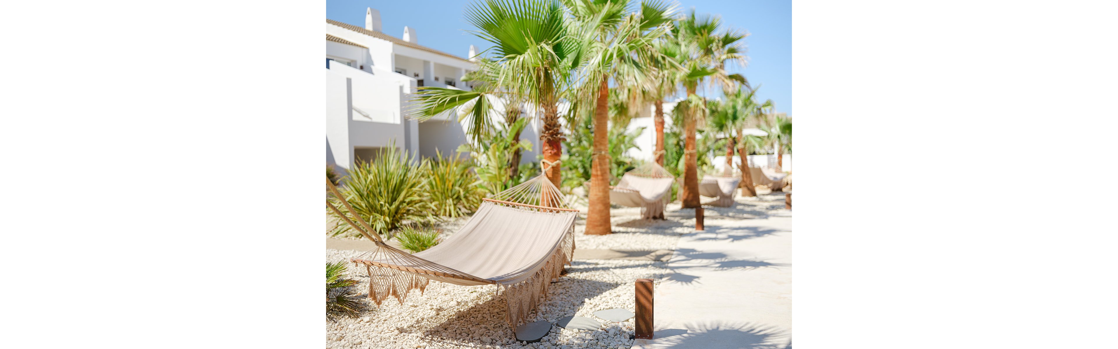 A beige hammock hangs between wooden posts in a sunlit resort garden. Palm trees and desert plants line a gravel-covered path leading toward modern white buildings. The scene suggests a relaxing vacation atmosphere with bright daylight and clear skies. The overall mood is tranquil, warm, and inviting.