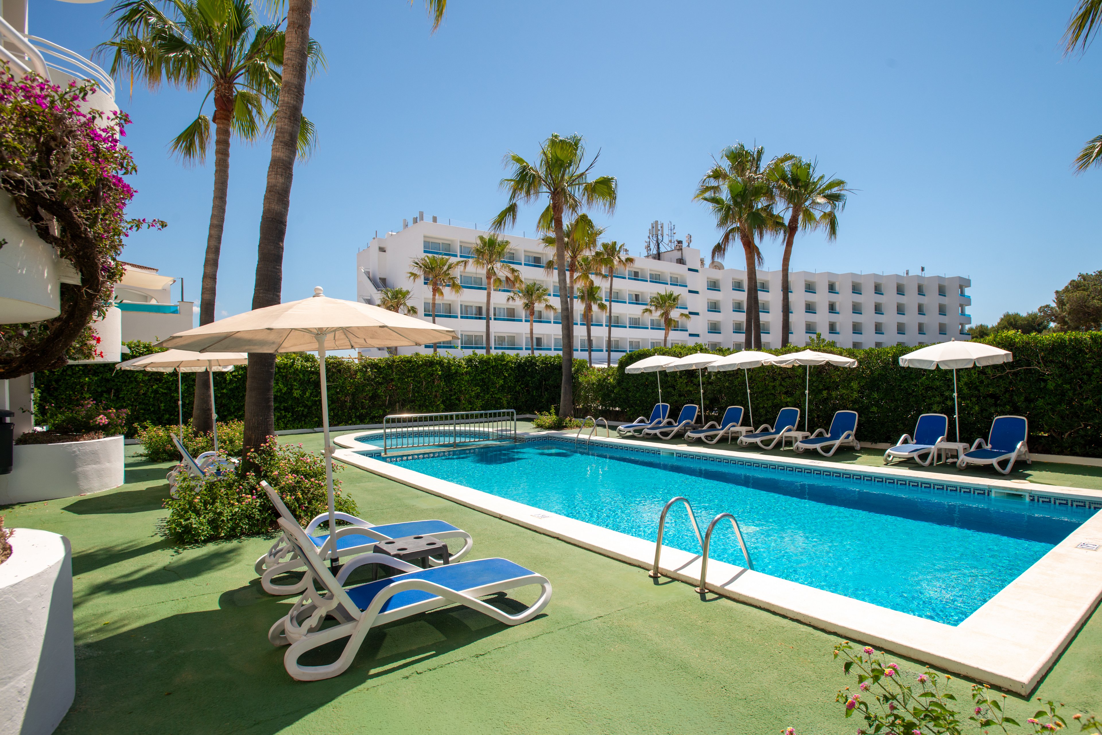 An outdoor hotel swimming pool is surrounded by blue sun loungers and white umbrellas under a clear blue sky. Palm trees and flowering plants frame the pool area, creating a tropical vacation atmosphere. A white multi-story hotel building rises in the background behind a green hedge, suggesting a resort setting. The bright sunlight and vivid colors convey a warm, relaxing holiday mood.