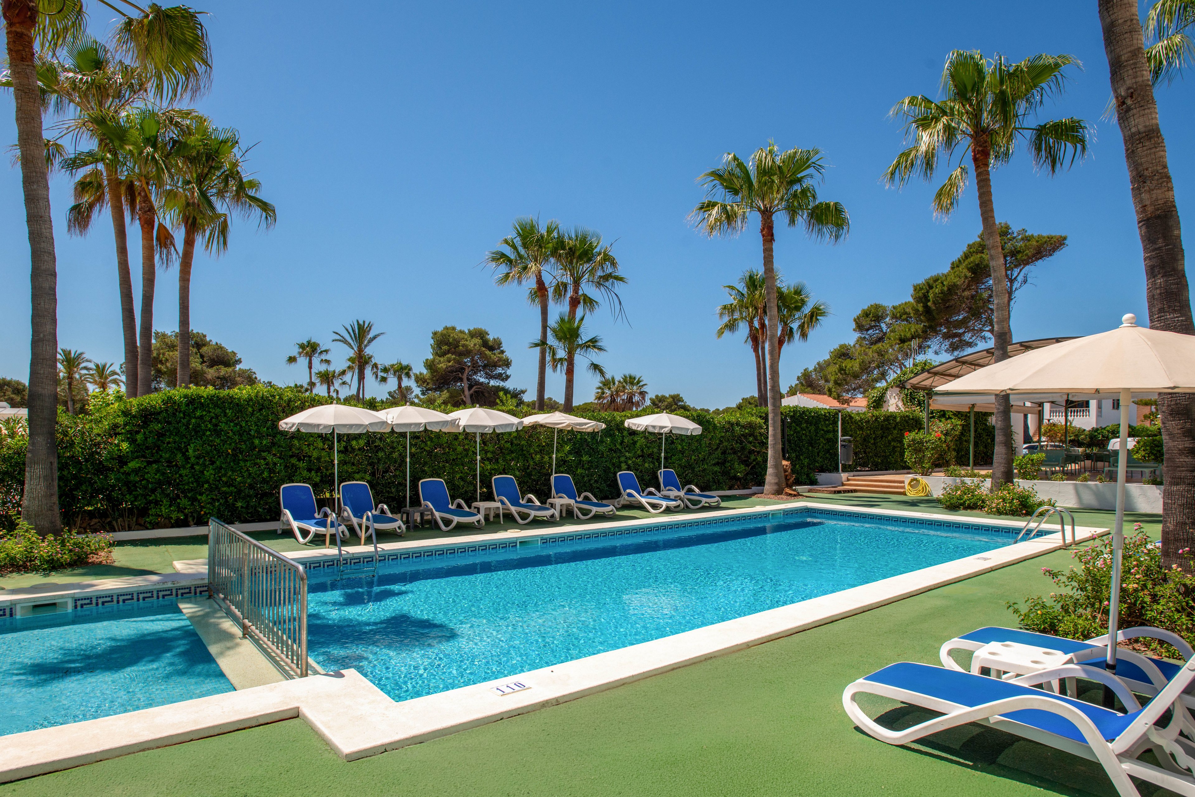An outdoor swimming pool is surrounded by blue sun loungers and white umbrellas under a clear blue sky. Tall palm trees and manicured hedges frame the pool area, creating a tropical resort atmosphere. The water appears clean and inviting, with steps and a metal handrail for easy access. Empty loungers and umbrellas suggest a quiet, relaxing vacation setting.