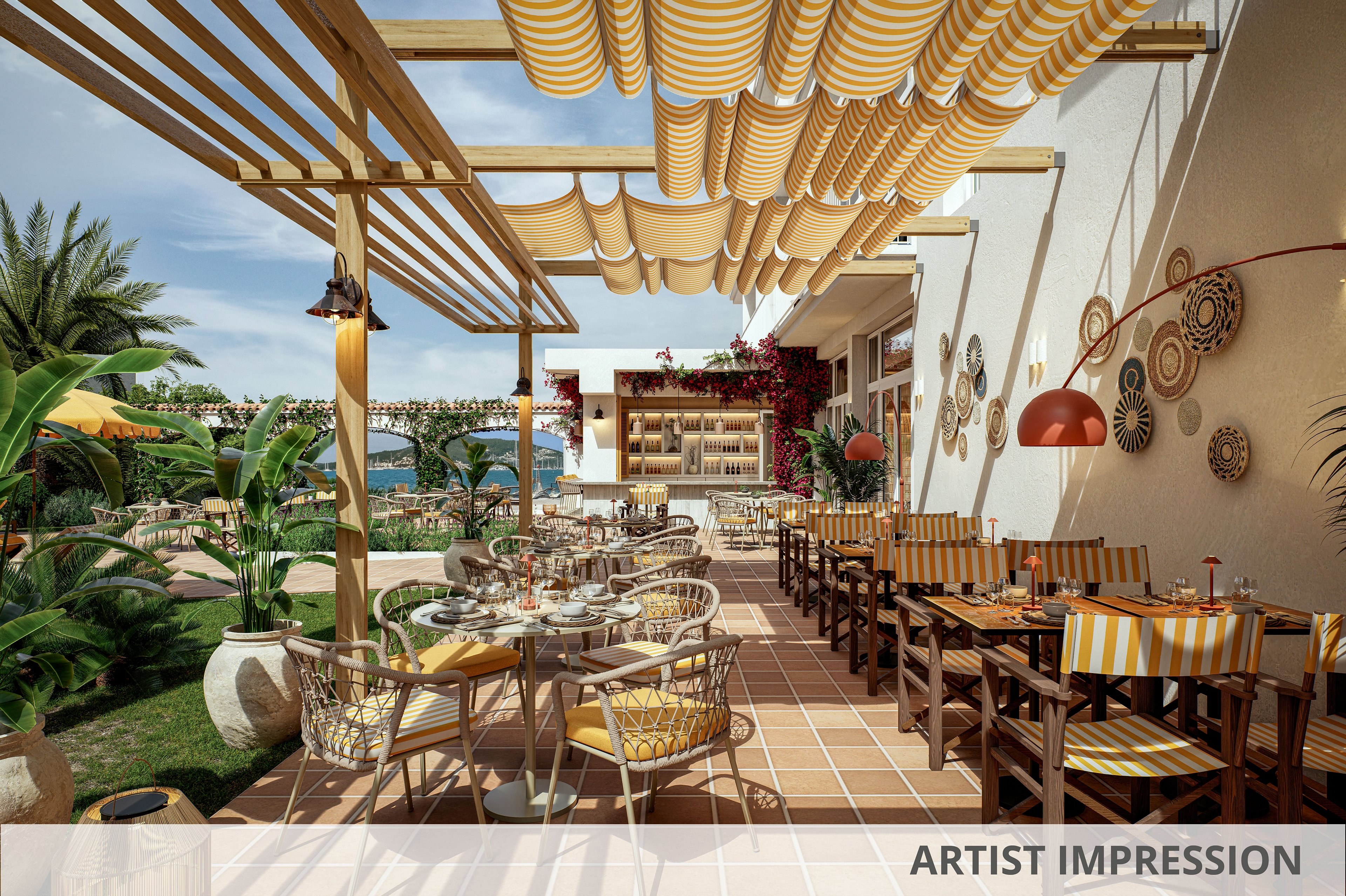 An inviting outdoor restaurant terrace features rows of wooden tables and chairs with striped yellow and white cushions. A pergola with matching striped fabric shades covers part of the tiled floor, creating a warm, sunlit ambiance. Decorative woven wall plates, potted plants, and a red hanging lamp add character to the space. In the background, lush greenery and a glimpse of the sea suggest a coastal Mediterranean setting.