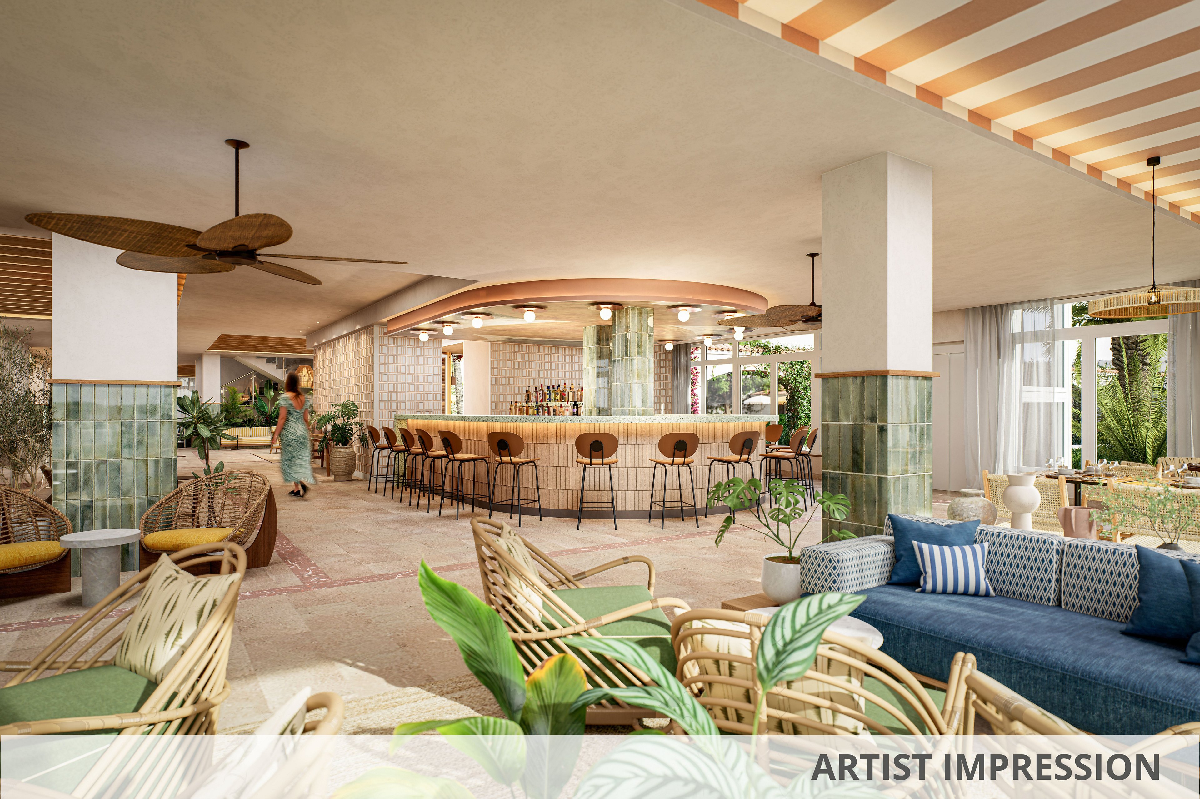 A spacious tropical-style hotel bar lounge features a curved central bar surrounded by high stools. Wicker and rattan chairs, sofas, and tables create relaxed seating areas with green plants adding lush accents. Soft neutral tones mix with green tiles and striped ceiling panels, giving the space a warm, coastal atmosphere. Large windows and sheer curtains let in natural light, enhancing the airy, resort-like setting.