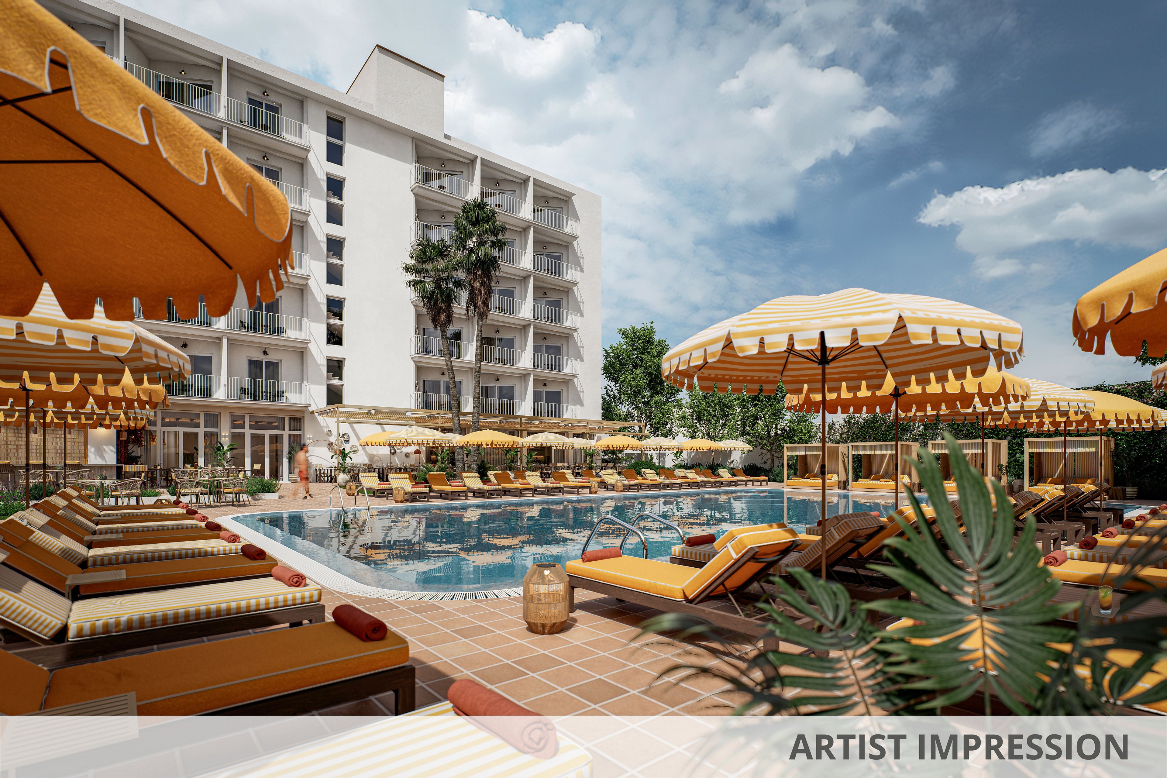 An inviting hotel pool area is surrounded by yellow striped sun loungers and umbrellas under a bright blue sky. A multi-story white resort building with balconies overlooks the pool, creating a relaxed vacation setting. Tropical plants and palm trees add greenery around the tiled terrace. The scene feels warm and leisurely, ideal for summer holidays and outdoor relaxation.