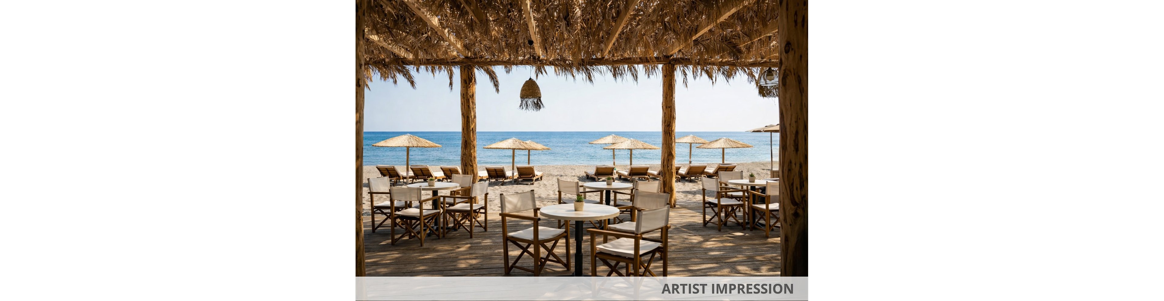 A relaxed beachfront cafe features wooden tables and chairs under a thatched roof, overlooking the calm blue sea. Straw umbrellas and lounge chairs are arranged on the sandy shore, creating a tranquil and inviting atmosphere. The setting is sunlit, with natural tones and a serene coastal vibe. No people are present, emphasizing the peacefulness of the location.