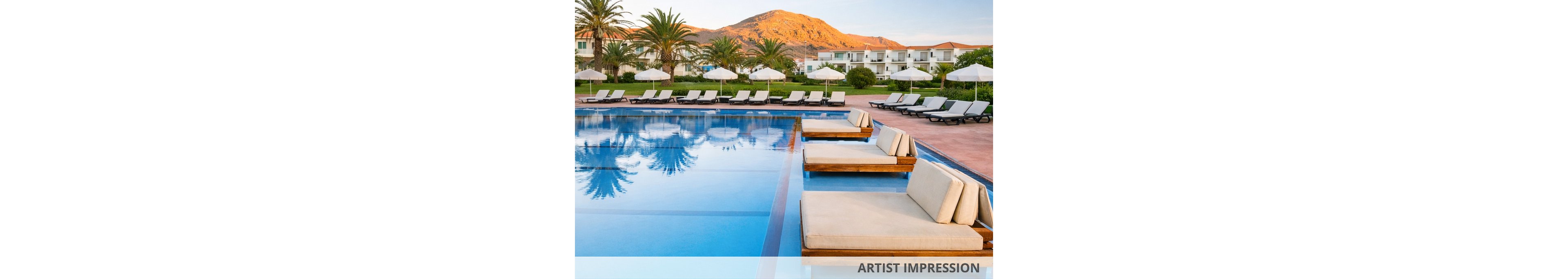 A serene outdoor swimming pool is surrounded by modern lounge chairs and palm trees, set against a backdrop of mountains and clear blue sky. The tranquil setting suggests early morning or late afternoon, with soft natural lighting and reflections in the water. White resort buildings are visible in the distance, enhancing the vacation atmosphere. No people are present, emphasizing relaxation and exclusivity.