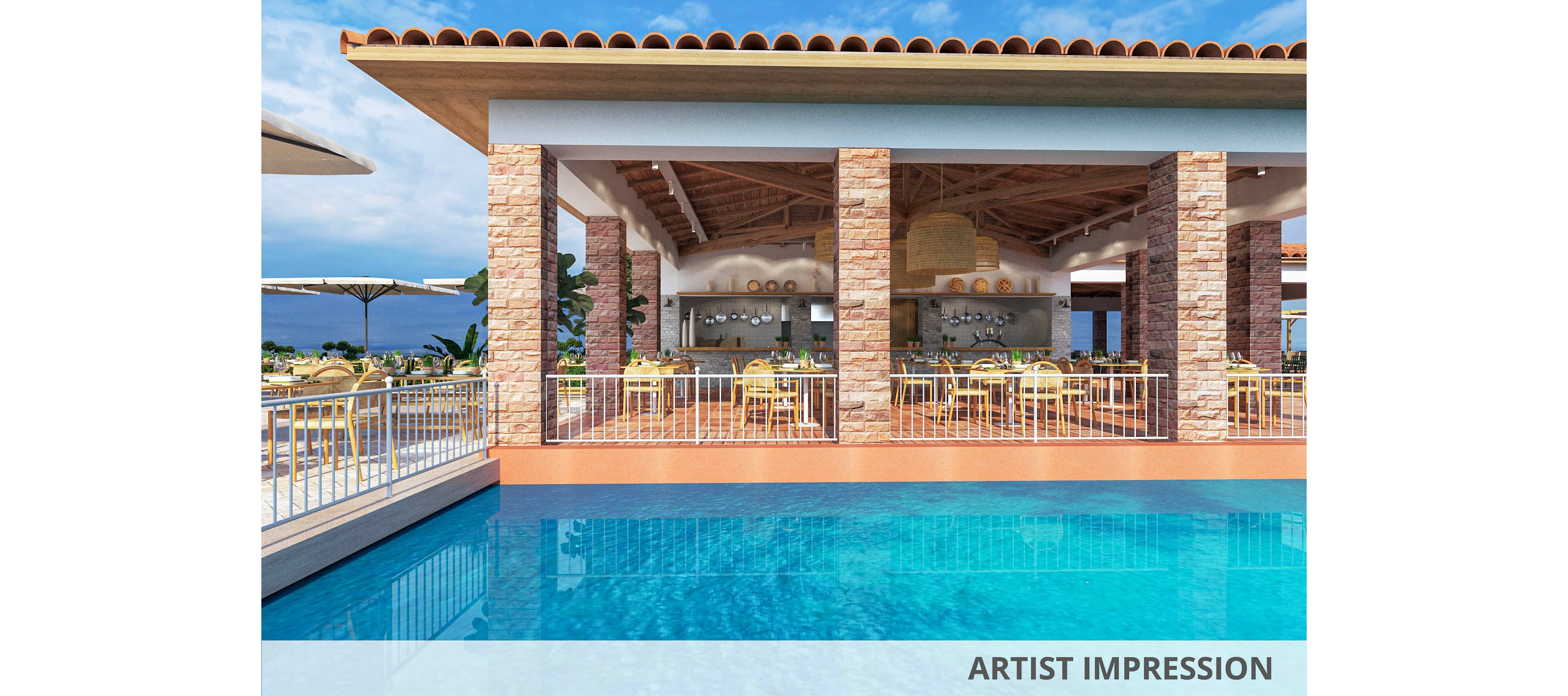 A spacious open-air restaurant overlooks a clear blue swimming pool, with the ocean visible in the background. The setting features stone columns, wooden beams, and neatly arranged tables and chairs, creating a relaxed and inviting atmosphere. Bright daylight enhances the tranquil, vacation-like mood, while the clean lines and natural materials add a modern touch. No visible text or numbers are present in the image.
