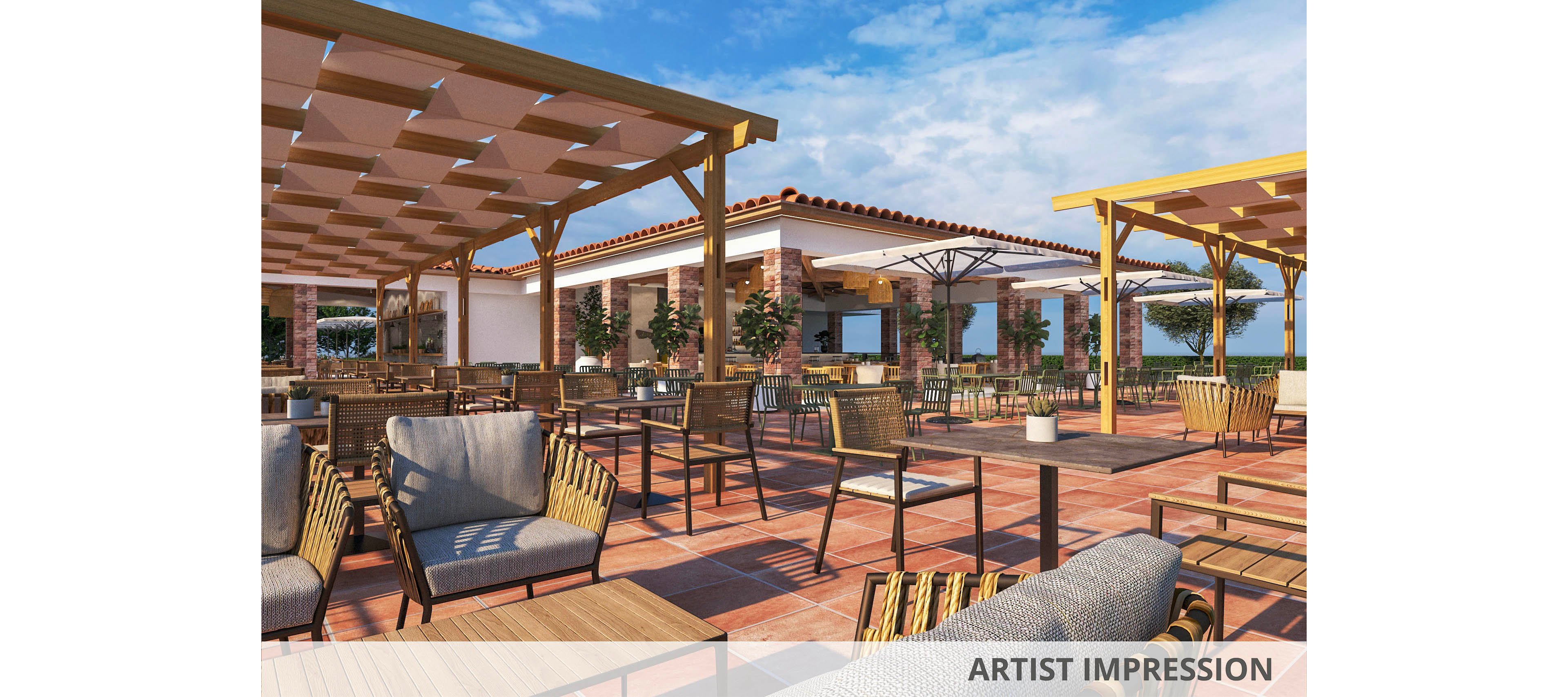 Spacious outdoor terrace features modern wicker chairs and tables under wooden pergolas. The setting is sunlit with clear skies, creating a relaxed and inviting atmosphere. Terracotta tiles cover the floor, and potted plants add greenery throughout the space. No people are present, emphasizing the tranquil and open environment.