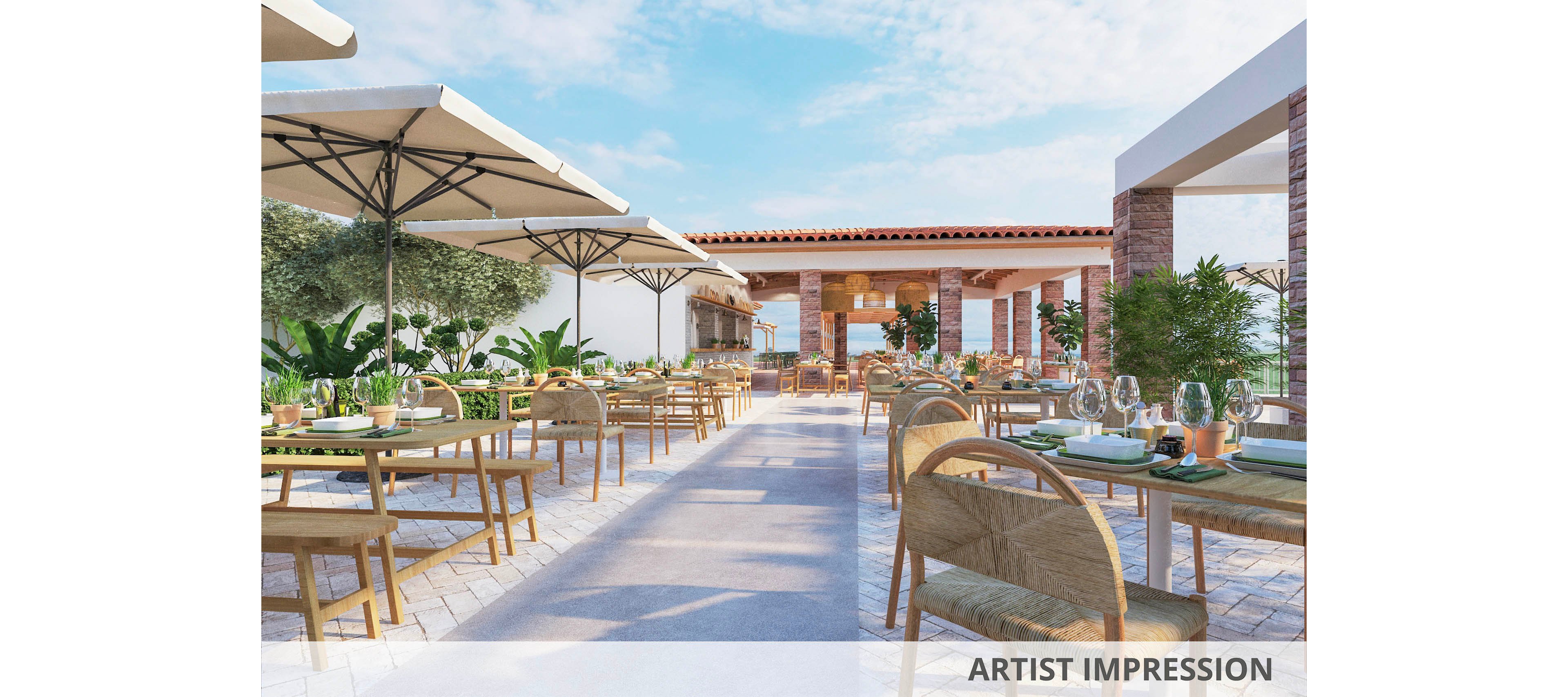 An inviting outdoor restaurant patio features wooden tables and chairs arranged under large umbrellas. The setting is bright and airy, with lush green plants and a clear blue sky creating a relaxed atmosphere. Table settings include glassware and plates, suggesting readiness for guests. The architecture combines modern and rustic elements with brick columns and tiled roofing. No visible text or numbers are present in the image.