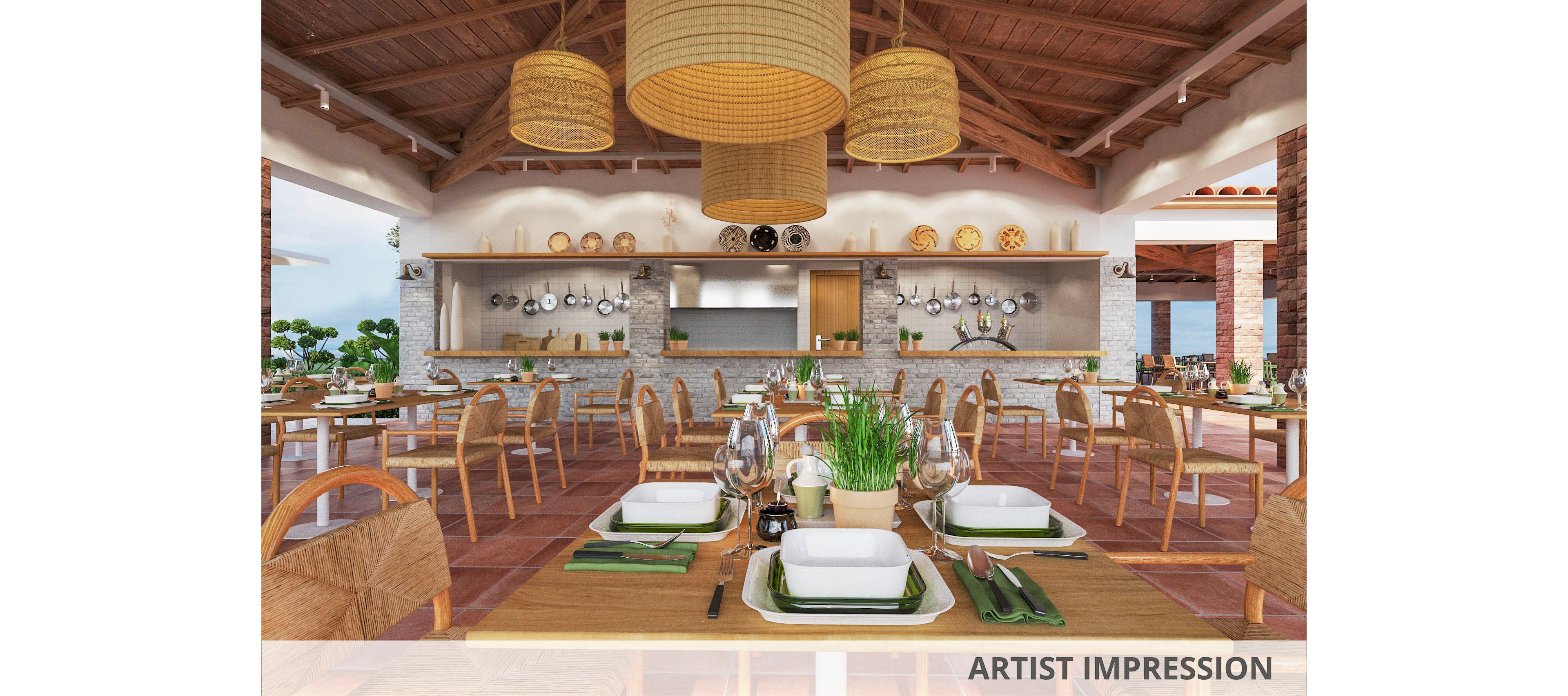 A spacious, open-air restaurant features neatly arranged wooden tables set for dining, with green napkins and white dishware. The setting includes a visible open kitchen in the background, hanging pots and pans, and large woven pendant lights. The atmosphere is bright and inviting, with natural light and earthy tones dominating the palette. No visible people or text are present in the image.